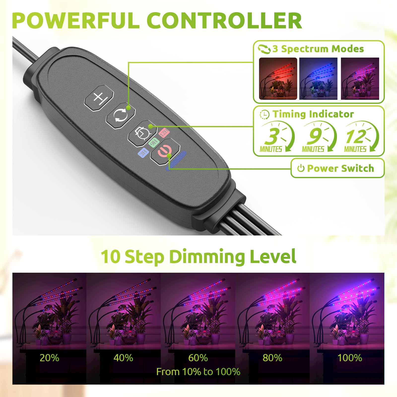 bseah Grow Light for Indoor Plants, 4 Head Clip-On, Full Spectrum, Red+Blue, with 3/9/12H Timer and AC Adapter