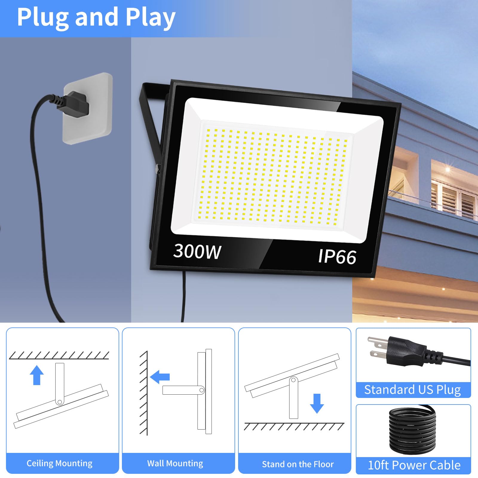 ISUERFY 300W LED Flood Light, 36000LM, IP66 Waterproof, 5000K Daylight White, Outdoor Plug-in, 2 Pack, Black/Clear