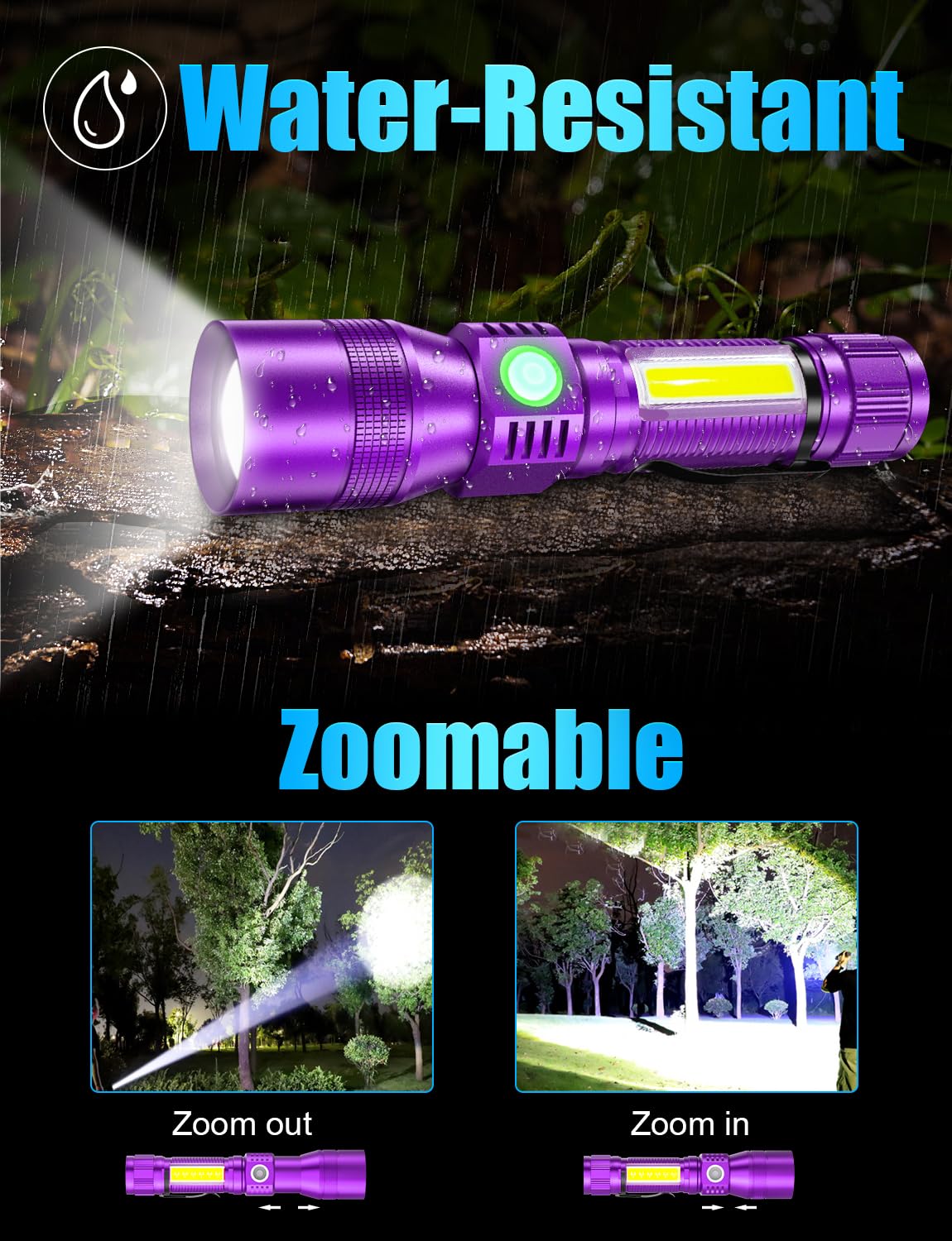 Vnina UV Rechargeable Flashlight 1000 Lumens 3-in-1 LED 5.71 IN 2 Pack Black/Purple