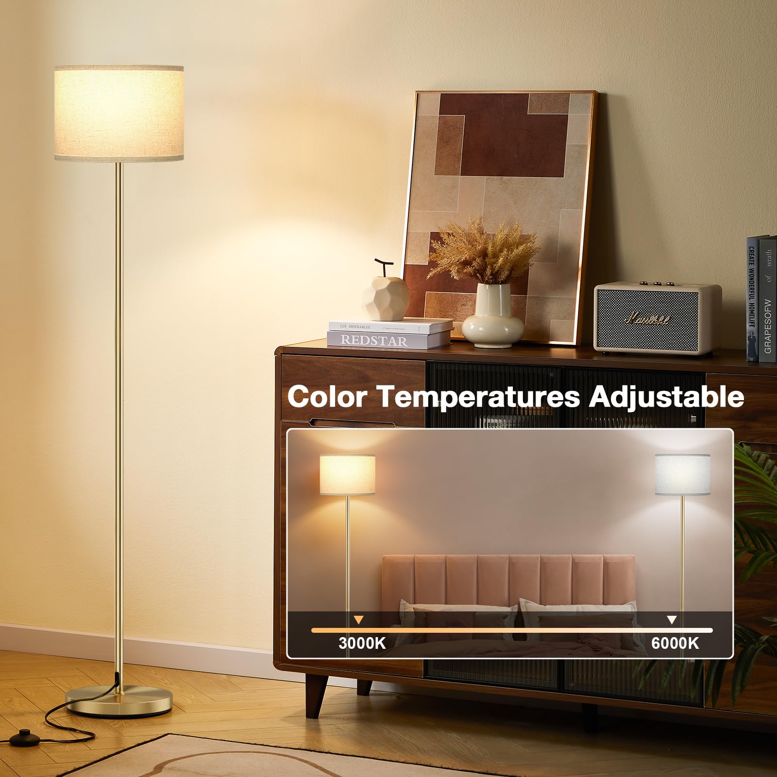 Ambimall 60in  Modern Floor Lamp with Remote, Metal, Beige & Gold, Model RPT-ZGB121