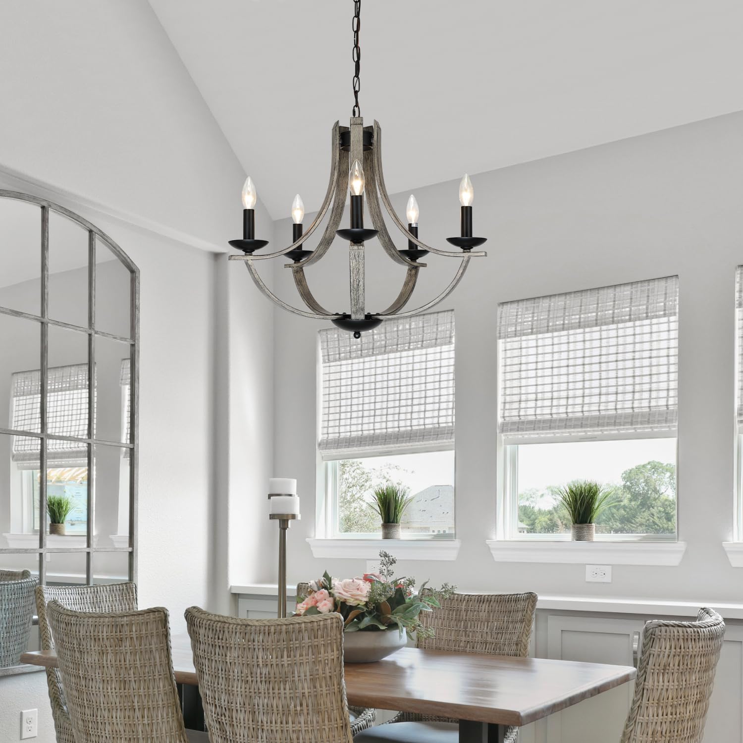 Lampkeduo Rustic Chandeliers For Dining Room Light Fixture  5-Light 24 Inch Faux Wood Texture Hanging Lighting Fixtures Farmhouse Candle Chandeliers For Living Room Kitchen Island Foyer Entryway