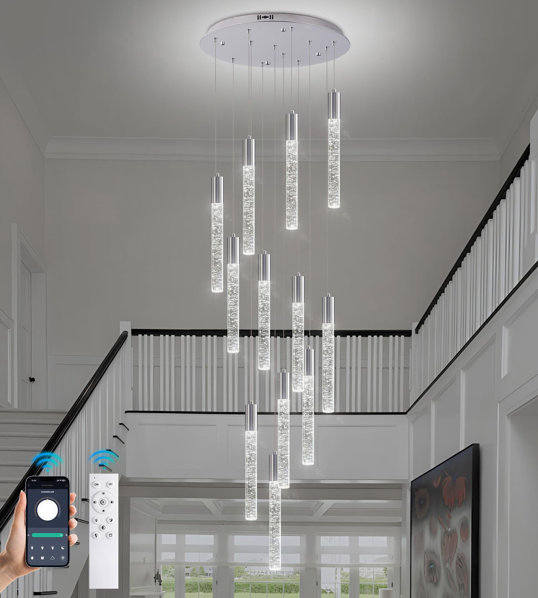 Upfelw Modern High Ceiling Crystal Chandelier 12-Lights  Large Spiral LED Raindrop Foyer Pendant Lighting  Bubble Staircase Living Room Hanging Light Fixture Flush Mount Chrome
