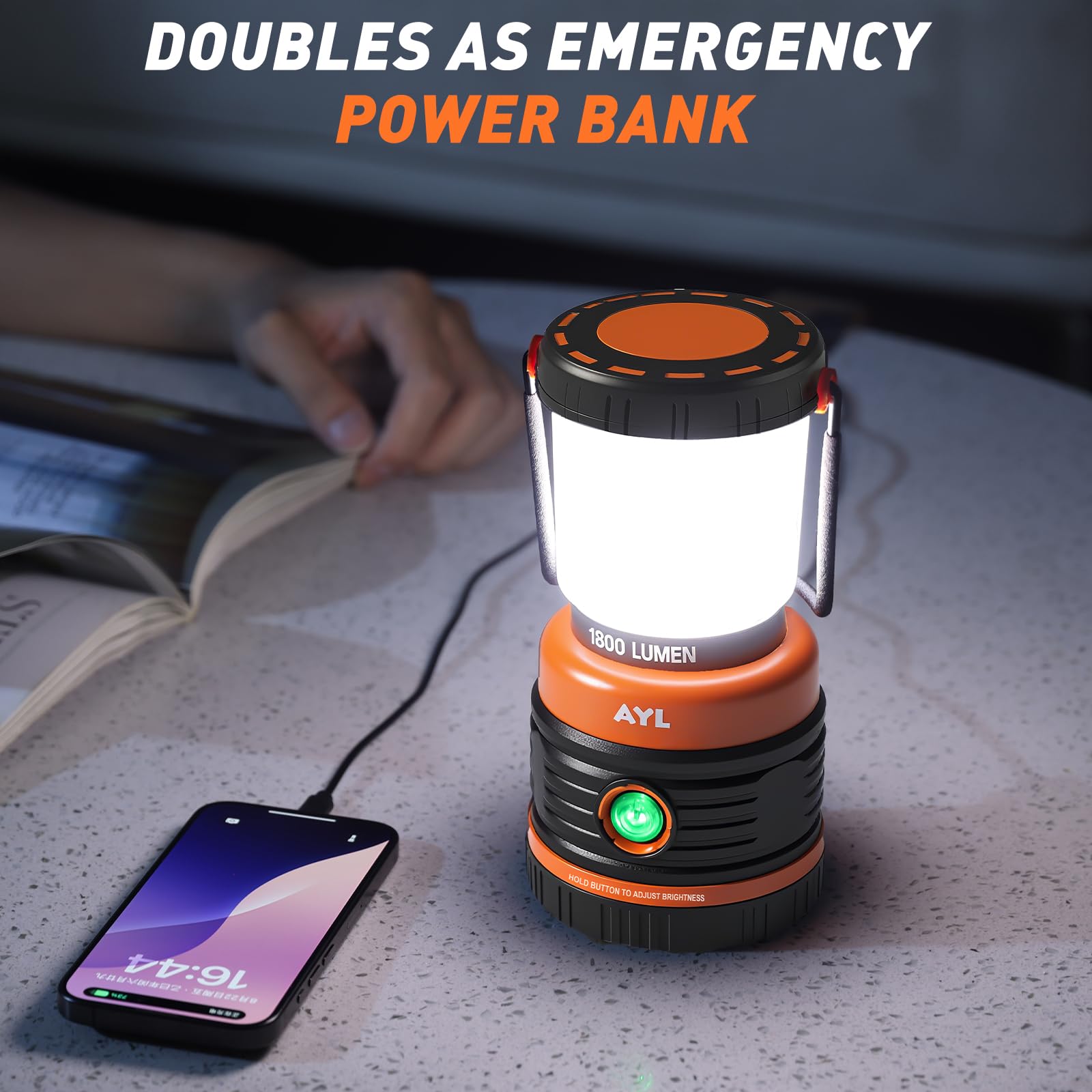 AYL LED Camping Lantern 1800 Lumens, Rechargeable, IP44 Waterproof, Black and Orange, Model SLR10002Pack, 2 Pack