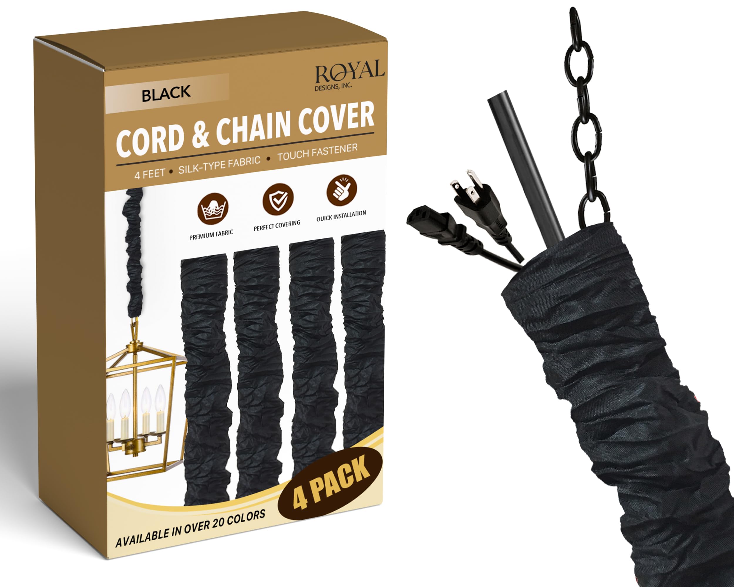 Royal Designs, Inc. Chandelier Cord & Chain Cover Fabric, Black, 4 Pack, 4 ft