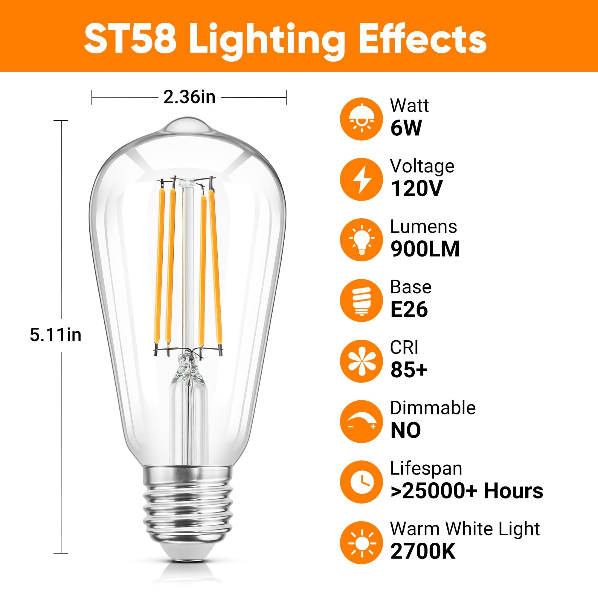 Wihtu Led Light Bulbs, Bright Vintage 6W Led Edison Bulbs, St58 2700K Warm Light With Cri 85+, E26 Standard Base, 900Lum, Non-Di