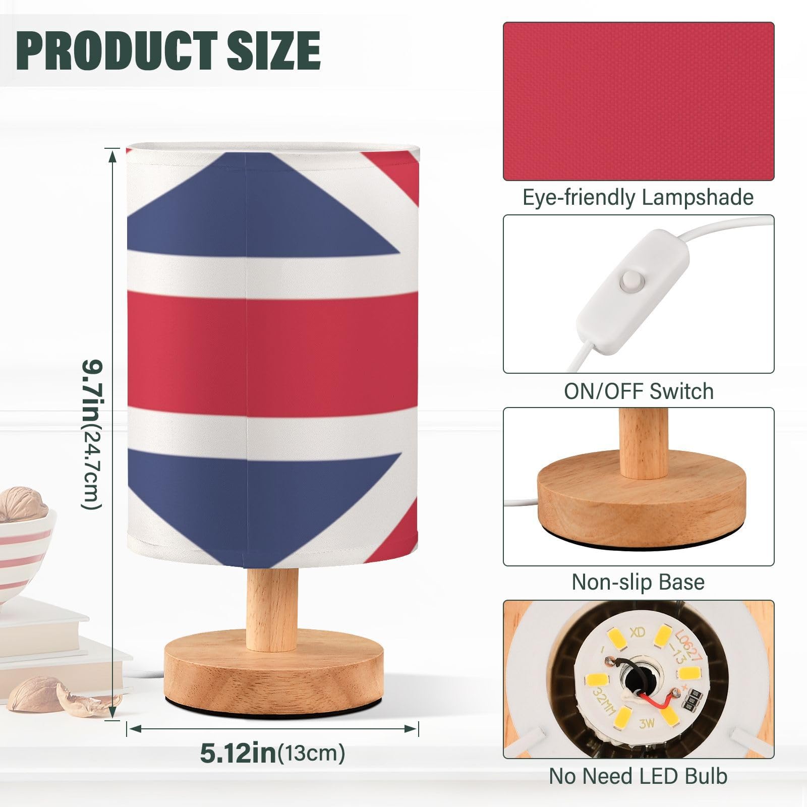 YYZZH Table Lamp - British Flag Union Jack Design, Multi-colored Fabric Shade, Wood Base, Ideal for Living Room, Bedroom, Office