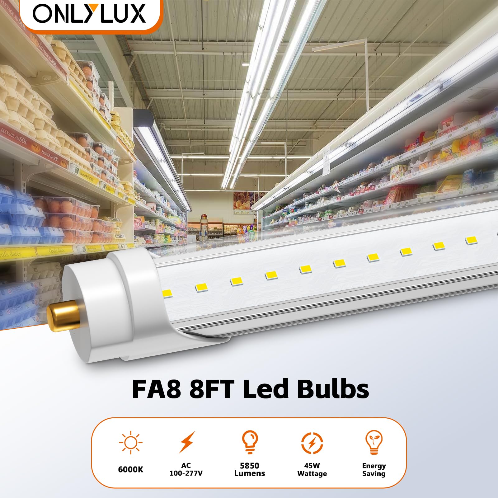 Onlylux 8 Foot Led Lights, T8 96'' 45Watt Fa8 Single Pin Led Shop Lights 5850Lm, Ballast Bypass, 6000K, F96 8Ft Led Bulbs Fluore