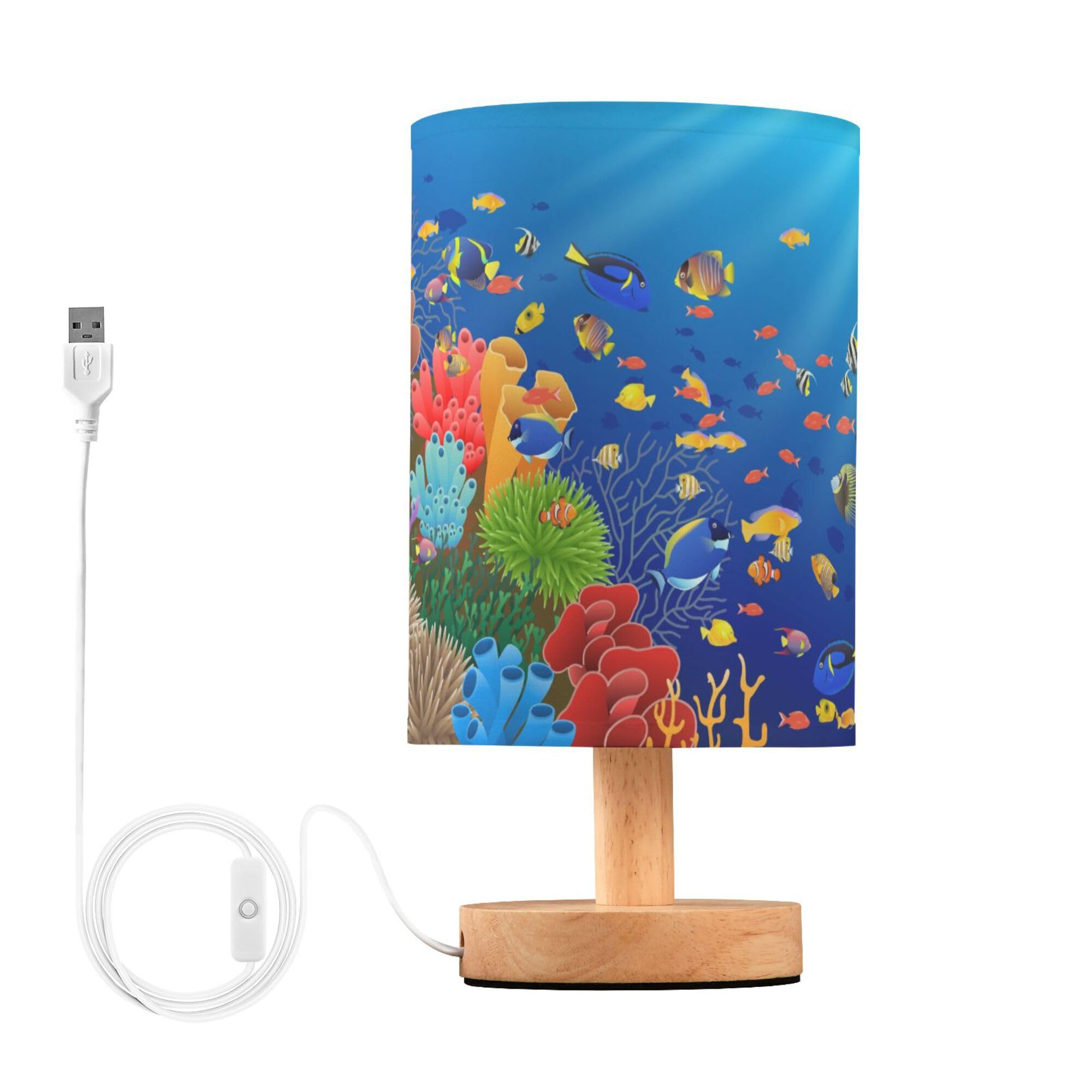Yyzzh Table Lamp Underwater Sea Fish Coral Ocean Sunshine Nightstand Lamp With Wood Base Fabric Lamp Shade Bedside Desk Lamp For