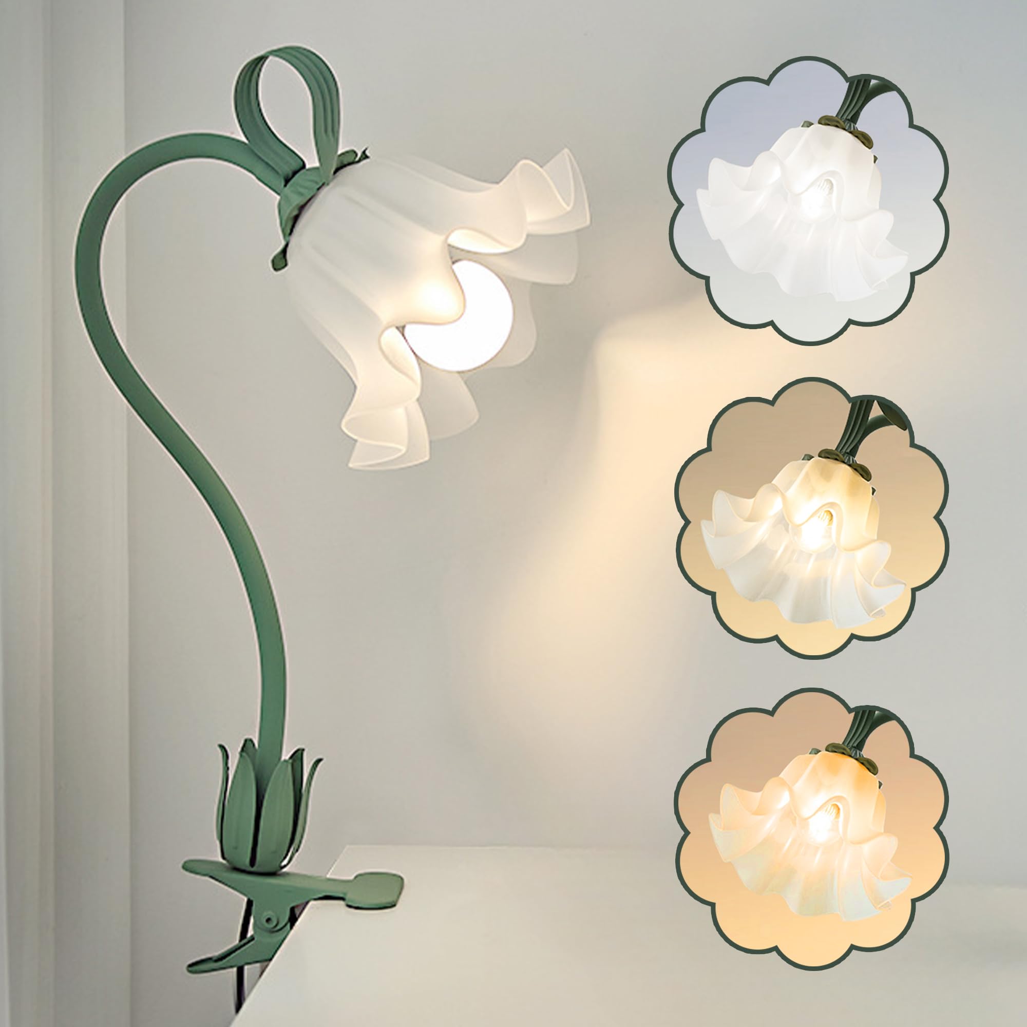Flower Desk Lamp,Led Reading Light 360Rotation Clip On Lamps,Vintage Flower Bedside Night Light,3 Colors Modes Book Lights Decor