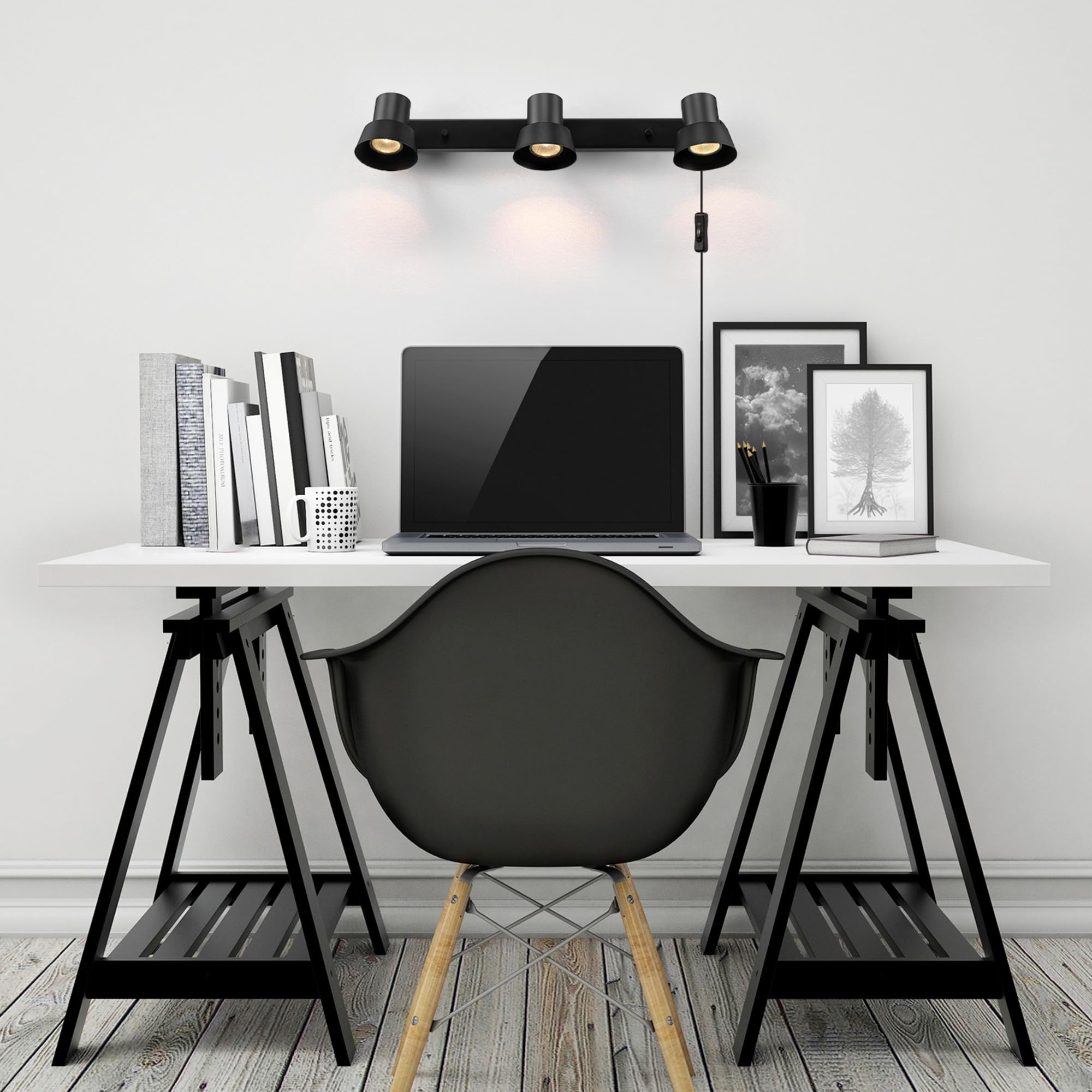 Globe Electric 64000115 22'' 3-Light Plug-In Track Lighting, Matte Black, Pivoting Track Heads, 15-Foot Black Cord, In-Line On/O