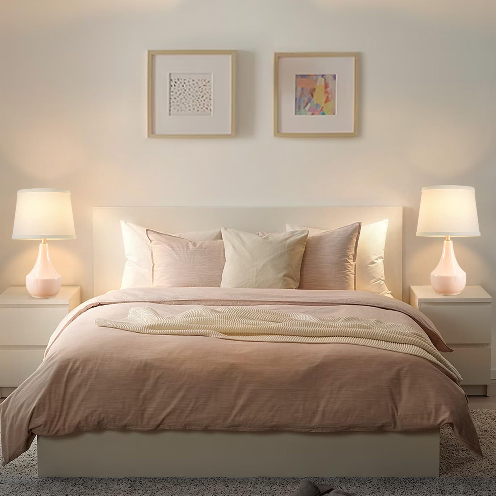 Gyrovu Pink Ceramic Table Lamp Set Of 2 - Modern Nightstand Lamps With Led Bulbs