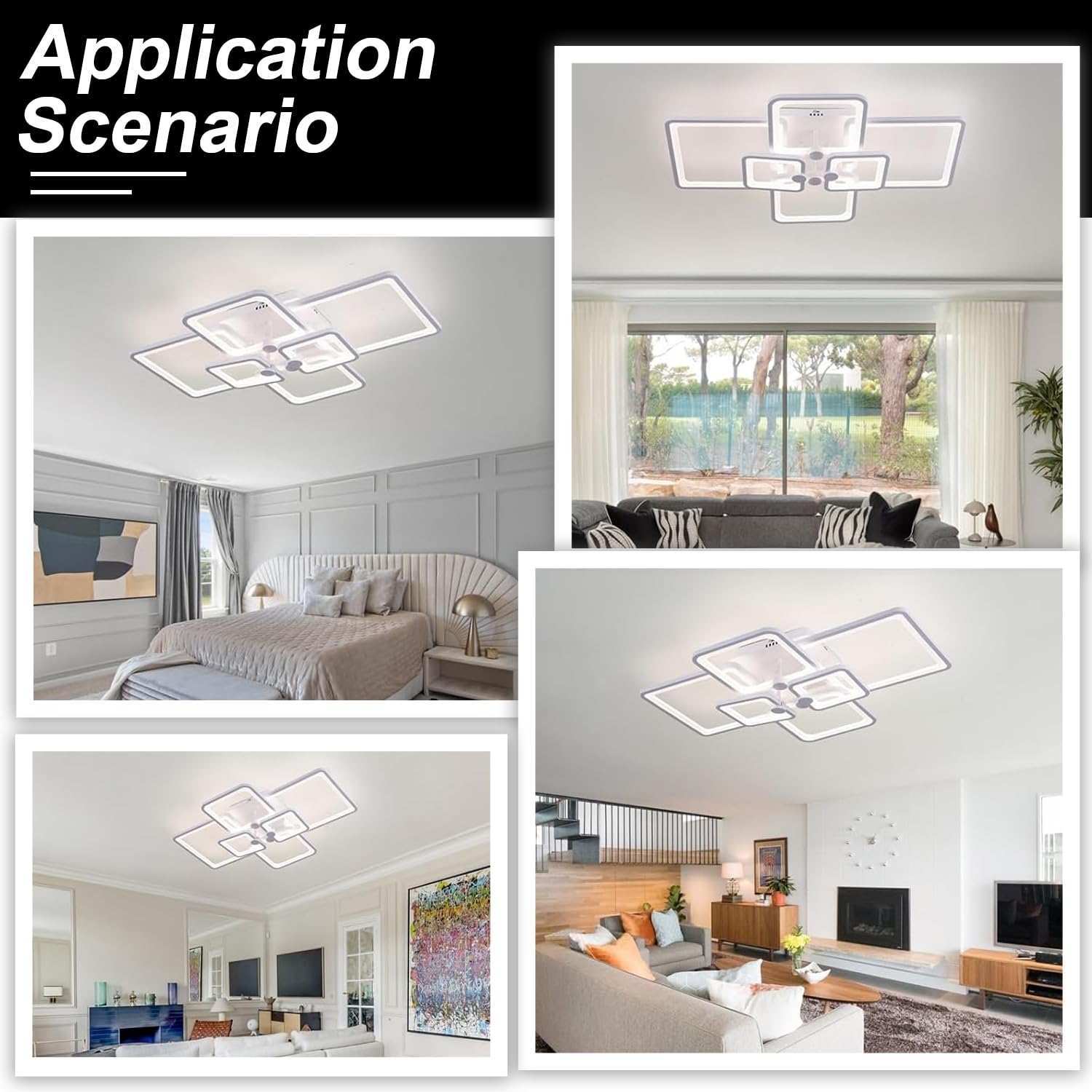 SITAFU Dimmable Ceiling Lamp with Remote, 6 Light, White, 3000K-6500K, Modern Flush Mount Lighting Fixture, Model EB-001-6Sqr