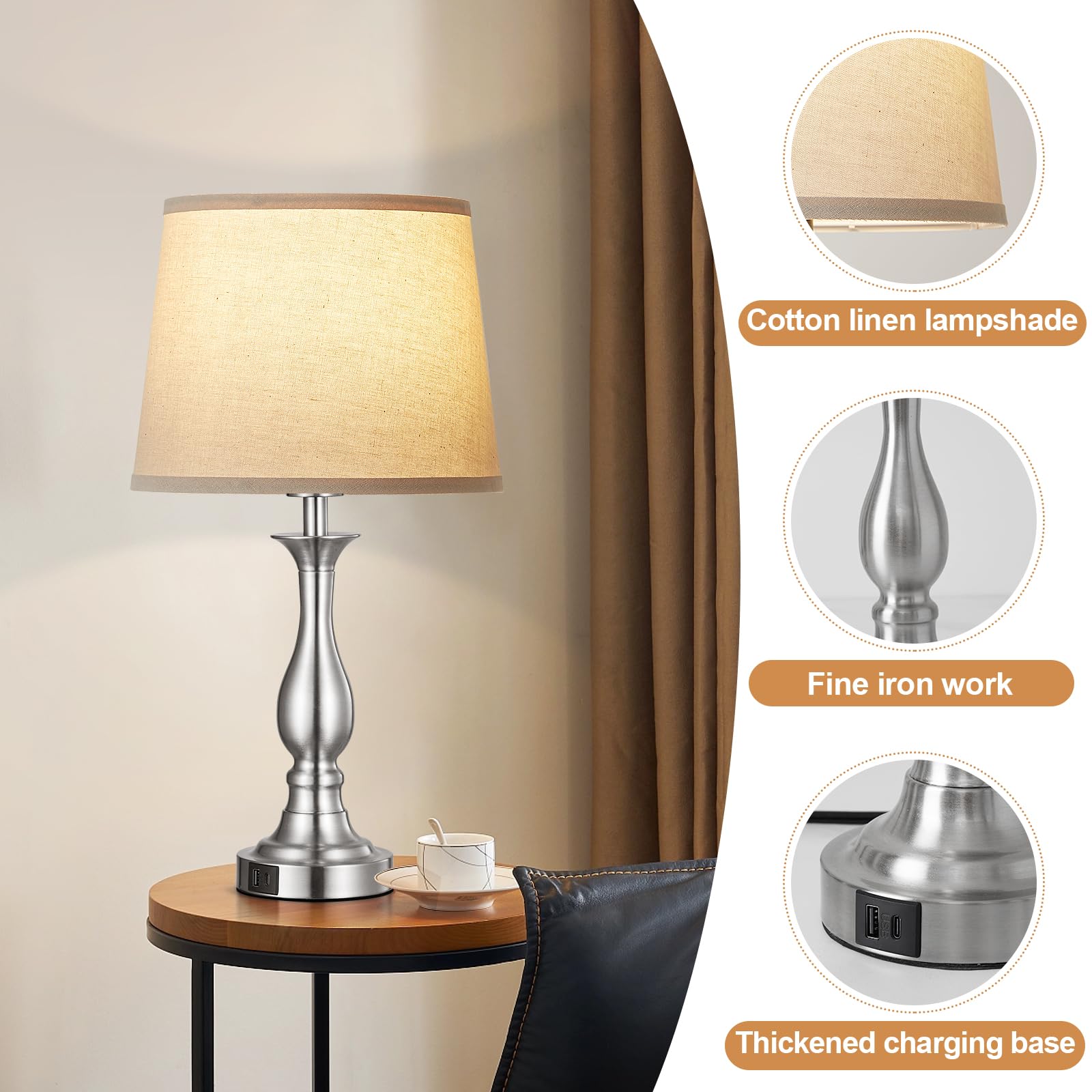 Lauag Bedside Table Lamp Touch Control 3 Way Dimmable with USB-C/A, Standard Size, Silver, Set of 2, Model L901