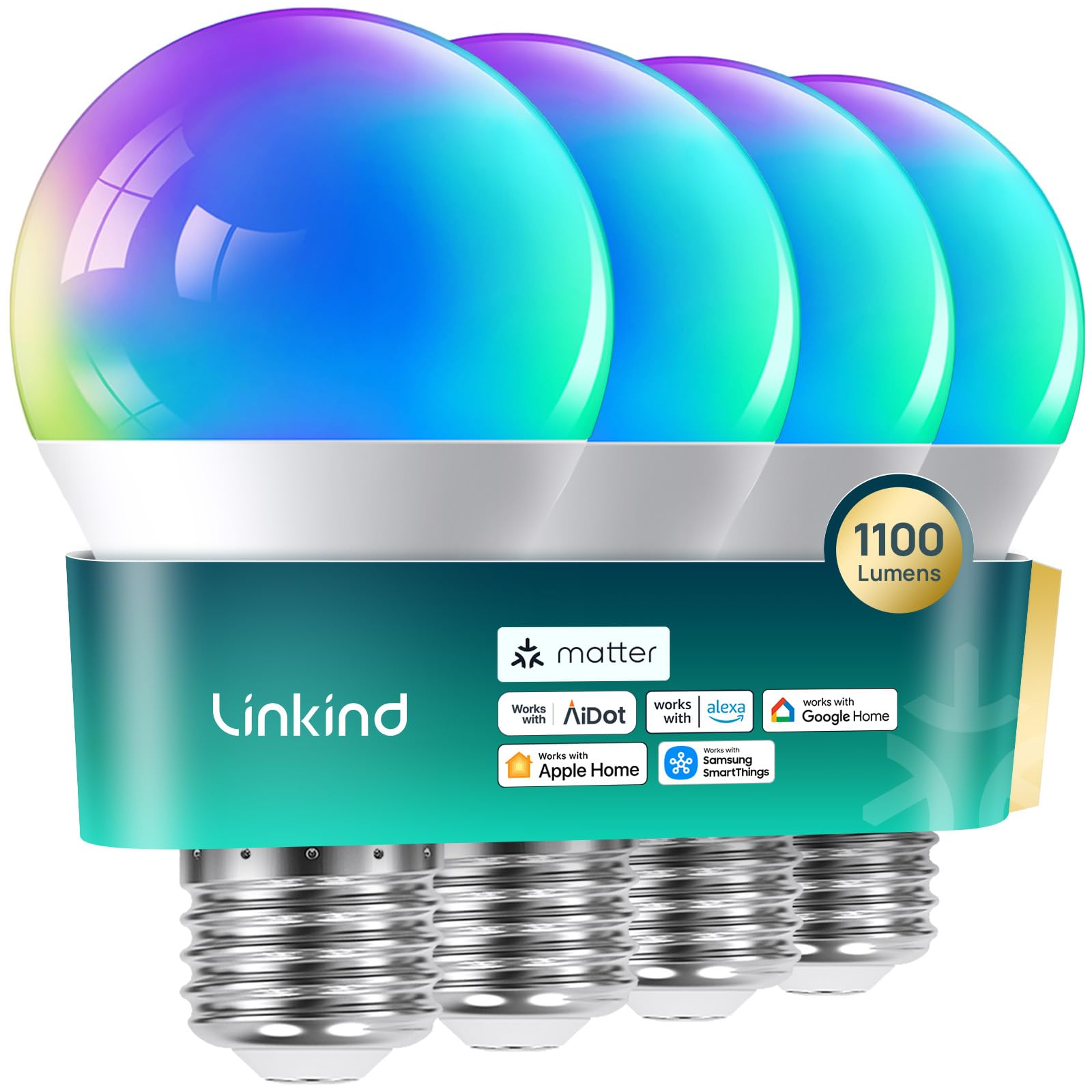 Linkind Smart Light Bulb, 1100LM RGBTW LED, Works with Alexa/Google, 4 Pack, 75W, Model LS01009110