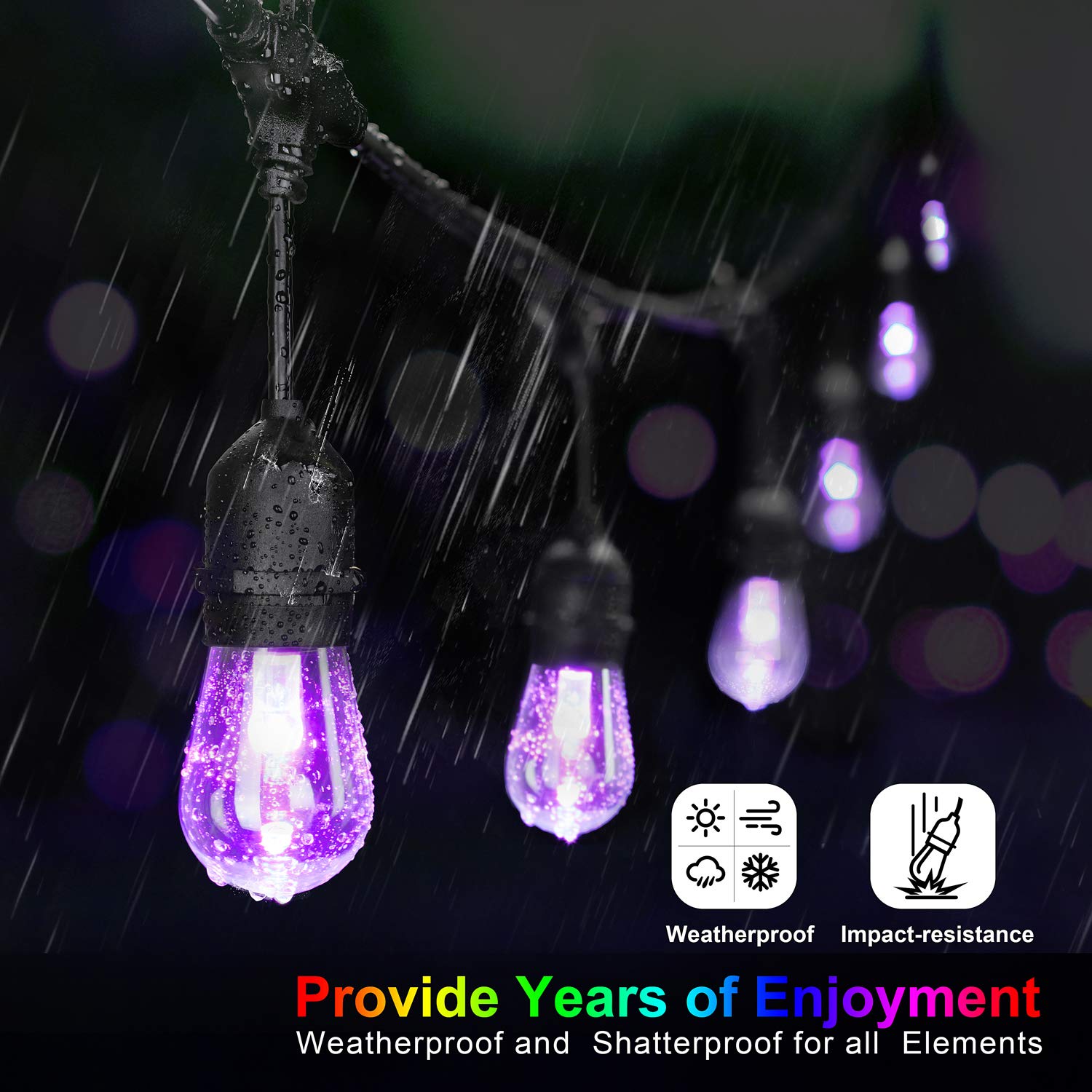 Mlambert 48Ft Outdoor Patio Lights, Rgb Cafe String Lights With 15 E26 S14 Shatterproof Edison Bulbs, Commercial Grade Dimmable