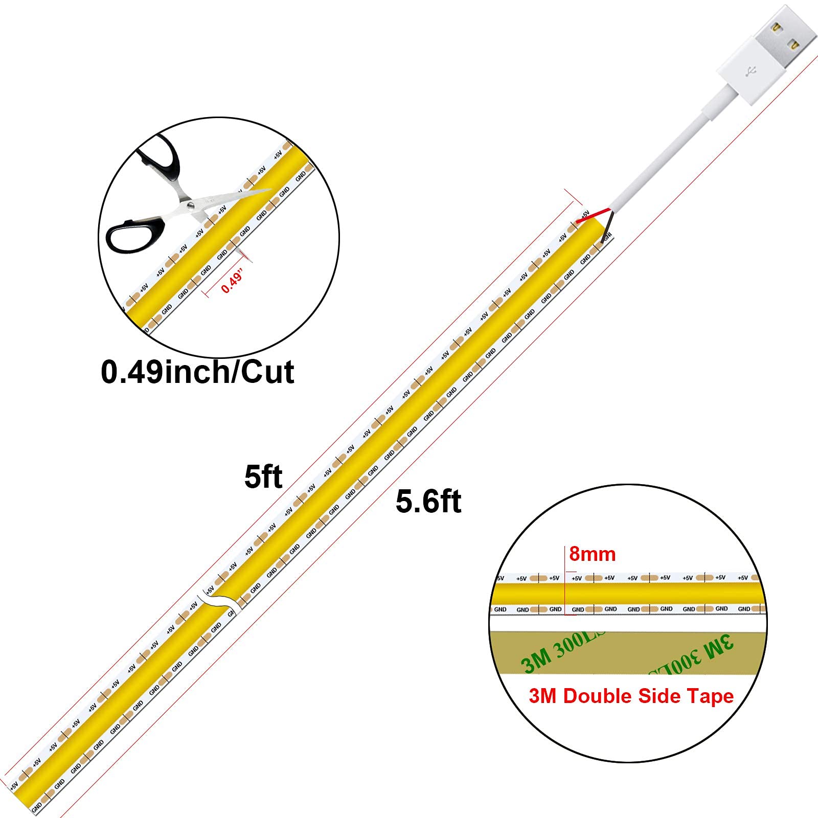 dephen LED Strip Lights, 5V USB, 4.9ft, 480 LEDs, Warm White, 3000K, Flexible COB, Model HH-SCOBWW-320-
