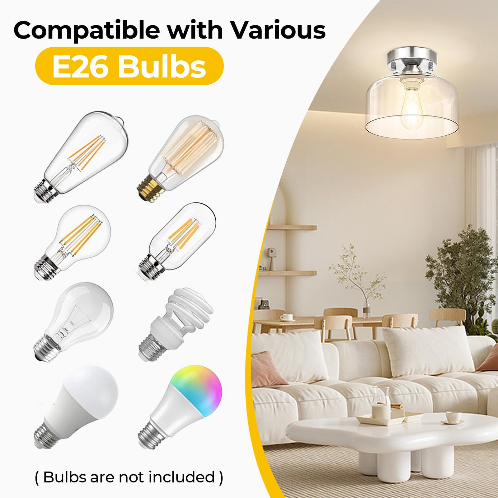 Laccen Semi Flush Mount Ceiling Light Silver, Clear Glass Pendant Lamp Shade, Modern Farmhouse Light Fixture For Hallway Corridor Kitchen Entryway Bedroom, Bulb Not Included