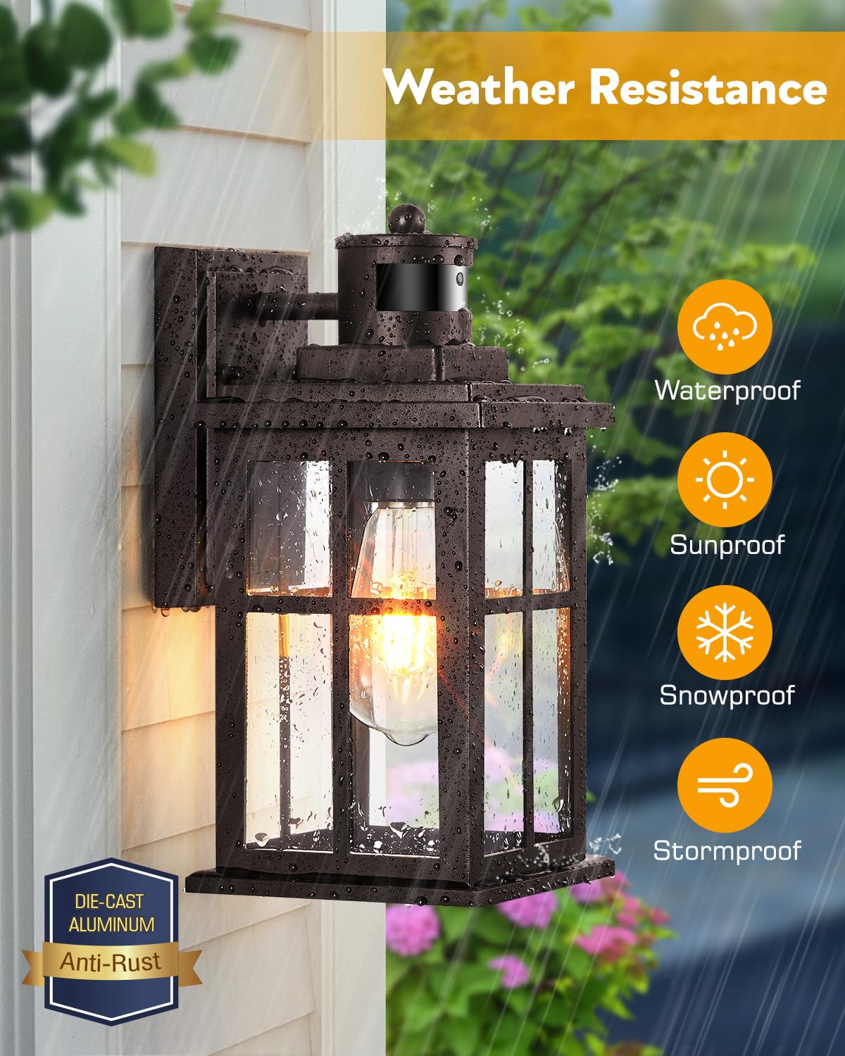 OPAXIS Outdoor Motion Sensor Light, 2 Pack, Oil-Rubbed Bronze, Waterproof, Anti-Rust, Model P81492BR, Tempered Clear Glass