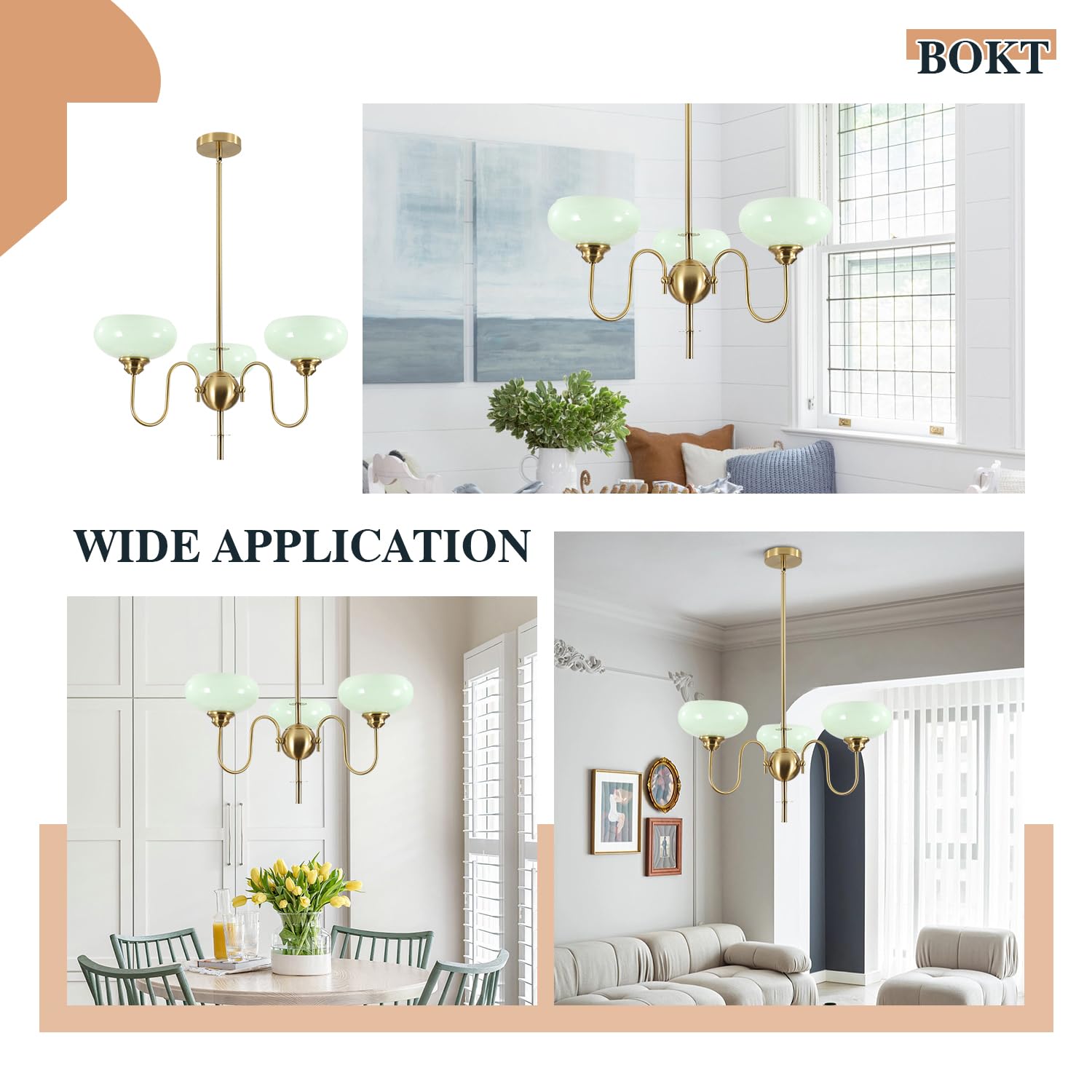 Bokt Green 3-Light Sputnik Chandelier Mid Century Modern Pendant Light Fixture With Glass Globe Lampshade Brass High Ceiling Cha