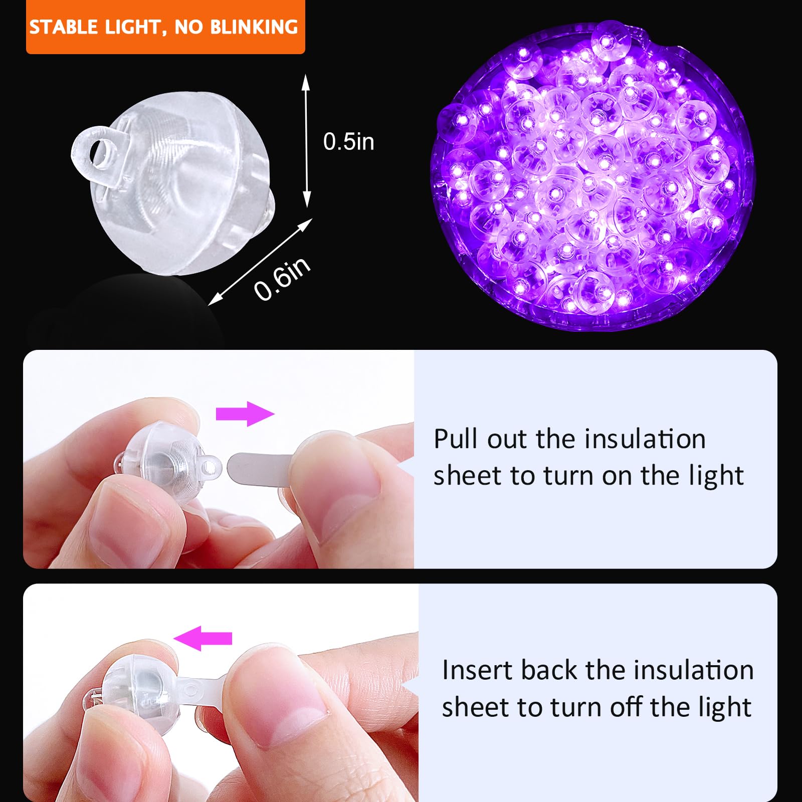 ZGWJ Mini LED Balloon Lights, 100 Pcs, Plastic, Glow Steadily Purple, Model A01-Mini, Ideal for Decorations and Parties