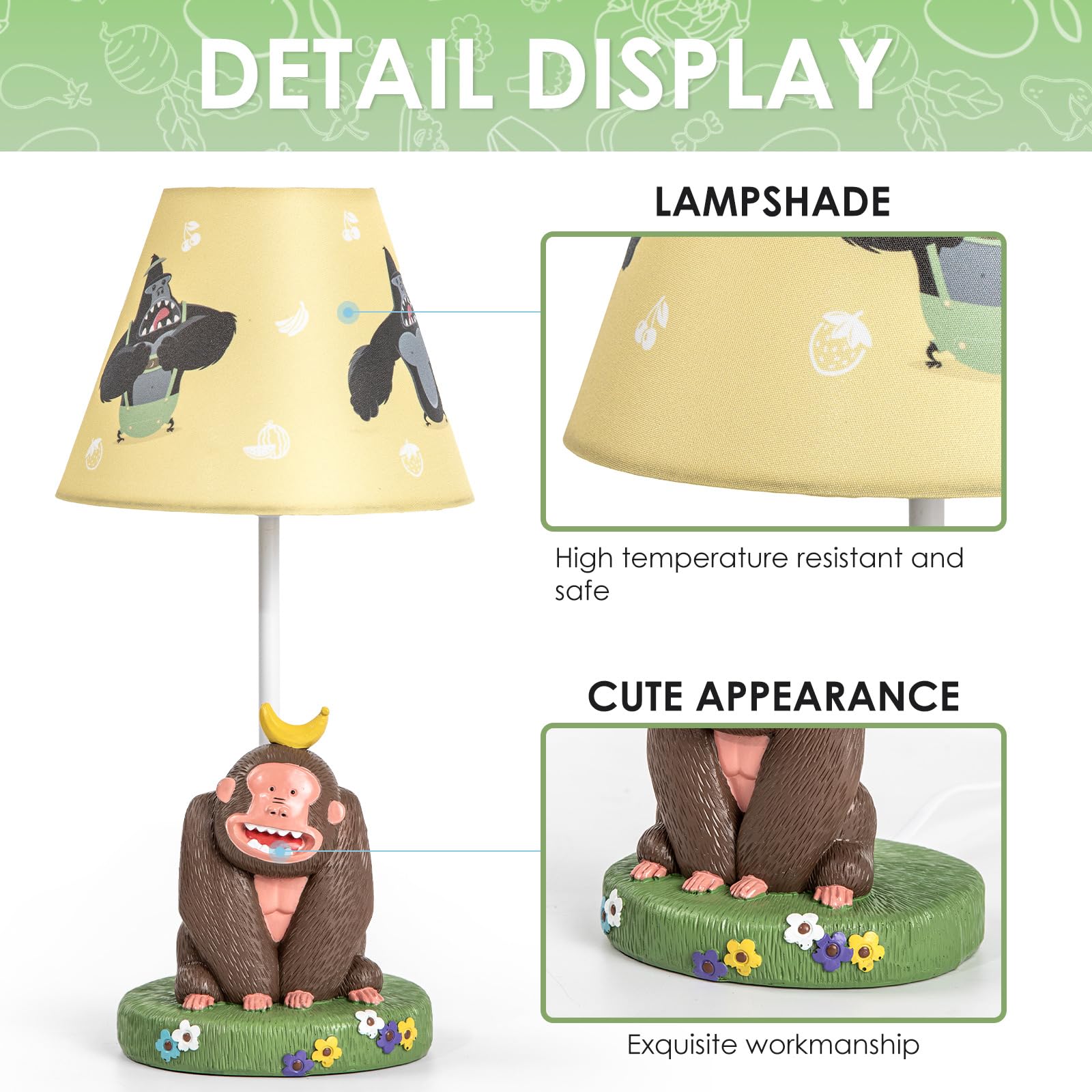 Herbestbay Kids Table Lamp, Adorable Chimpanzees Style Bedside Lamp, 16 Inch Desk Lamp Ideal For Boys Bedroom Decor, Includes Le
