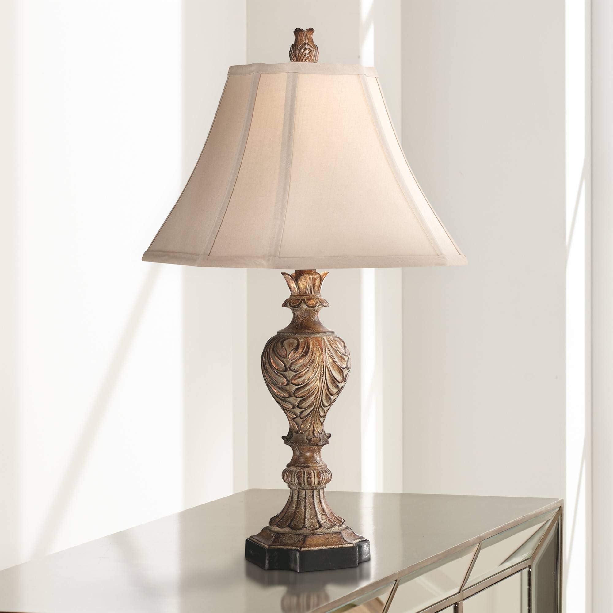 Regency Hill Regio Traditional Urn-Shaped Table Lamp 25.5'' High Aged Brown Carved Acanthus Leaf Tan Sheer Fabric Square Bell Sh