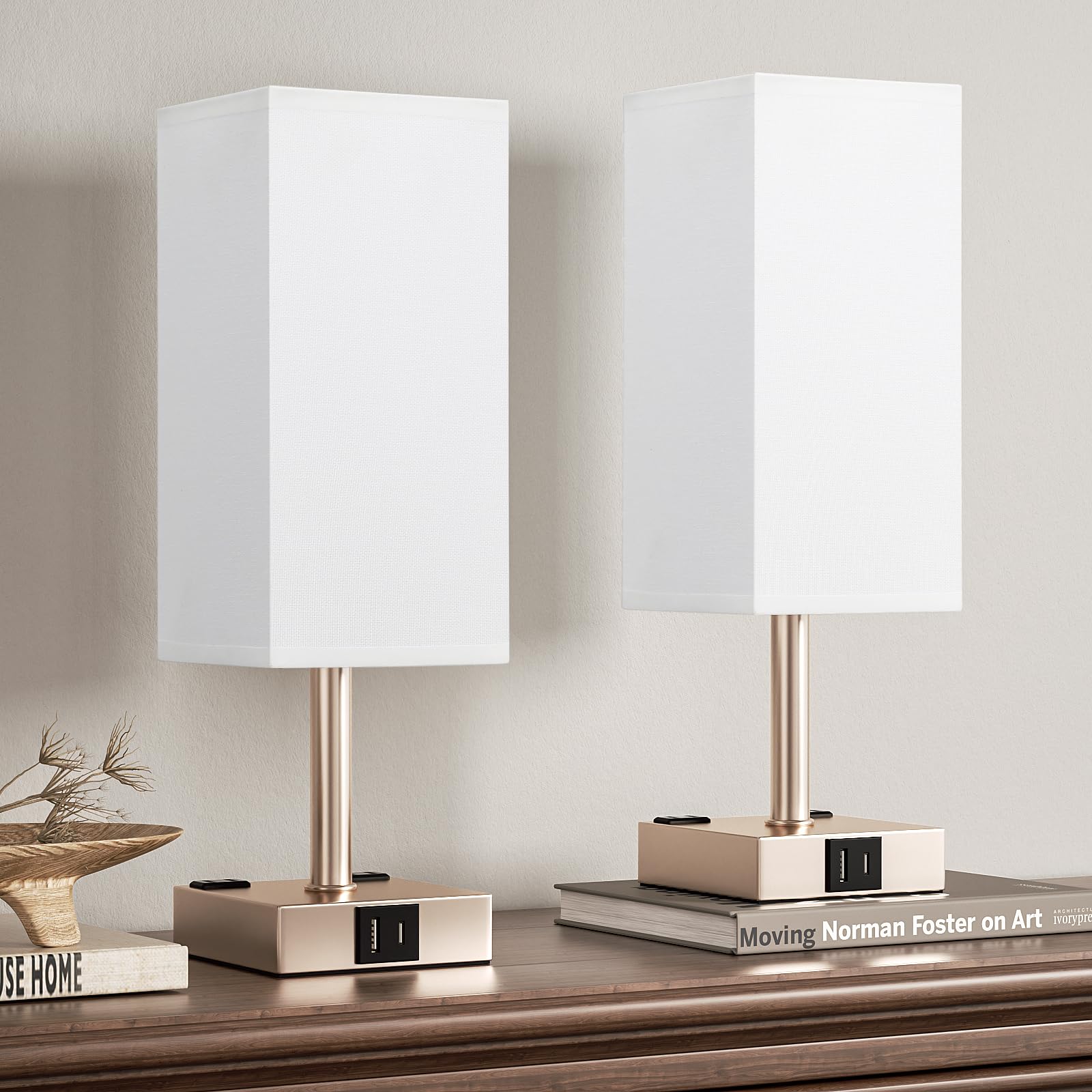 Aooshine Light Gold Touch Lamps Set Of 2 - Nightstand Lamp With Usb-C + A Charge Ports & Ac Outlets, 3-Way Dimmable Bedside Lamp