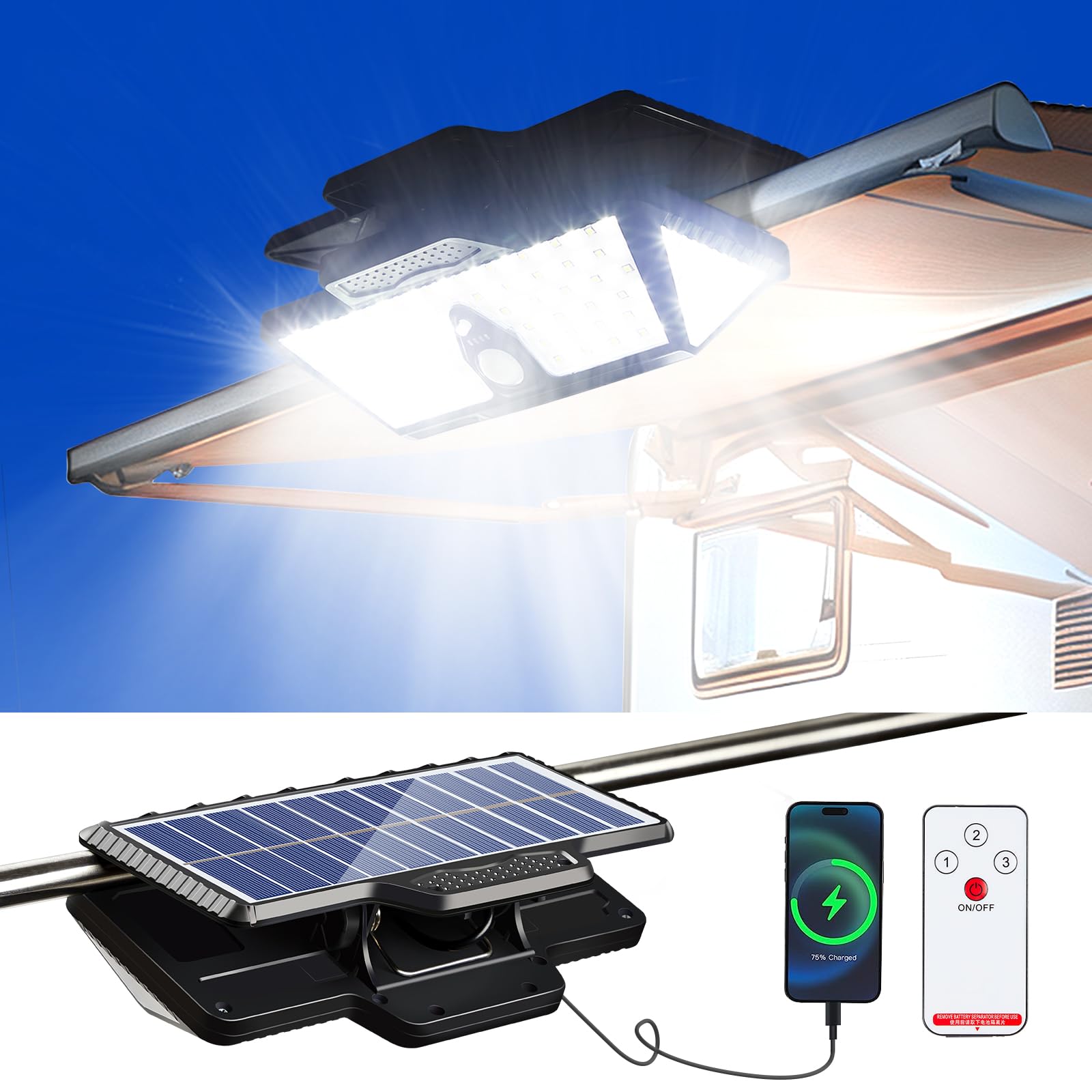 LUHLEE 208LED Solar RV Lights, 3600mAh, Waterproof, Clip-on with Remote Control, Motion Sensor, Black-Model MDC020171