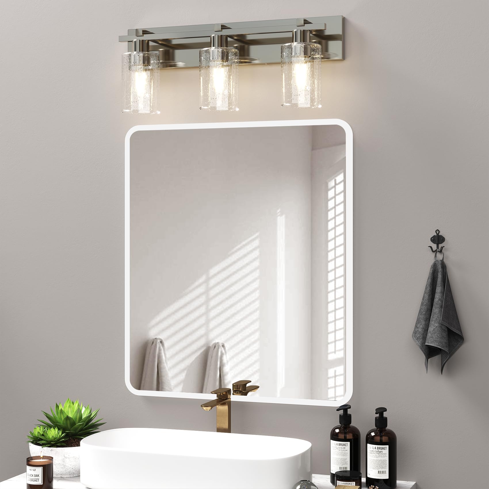 Espird Modern Vanity Lights, 3 Light Brushed Nickel Bathroom Light Fixture With Thickened Seeded Glass Shade, 24 Inch Vanity Lig