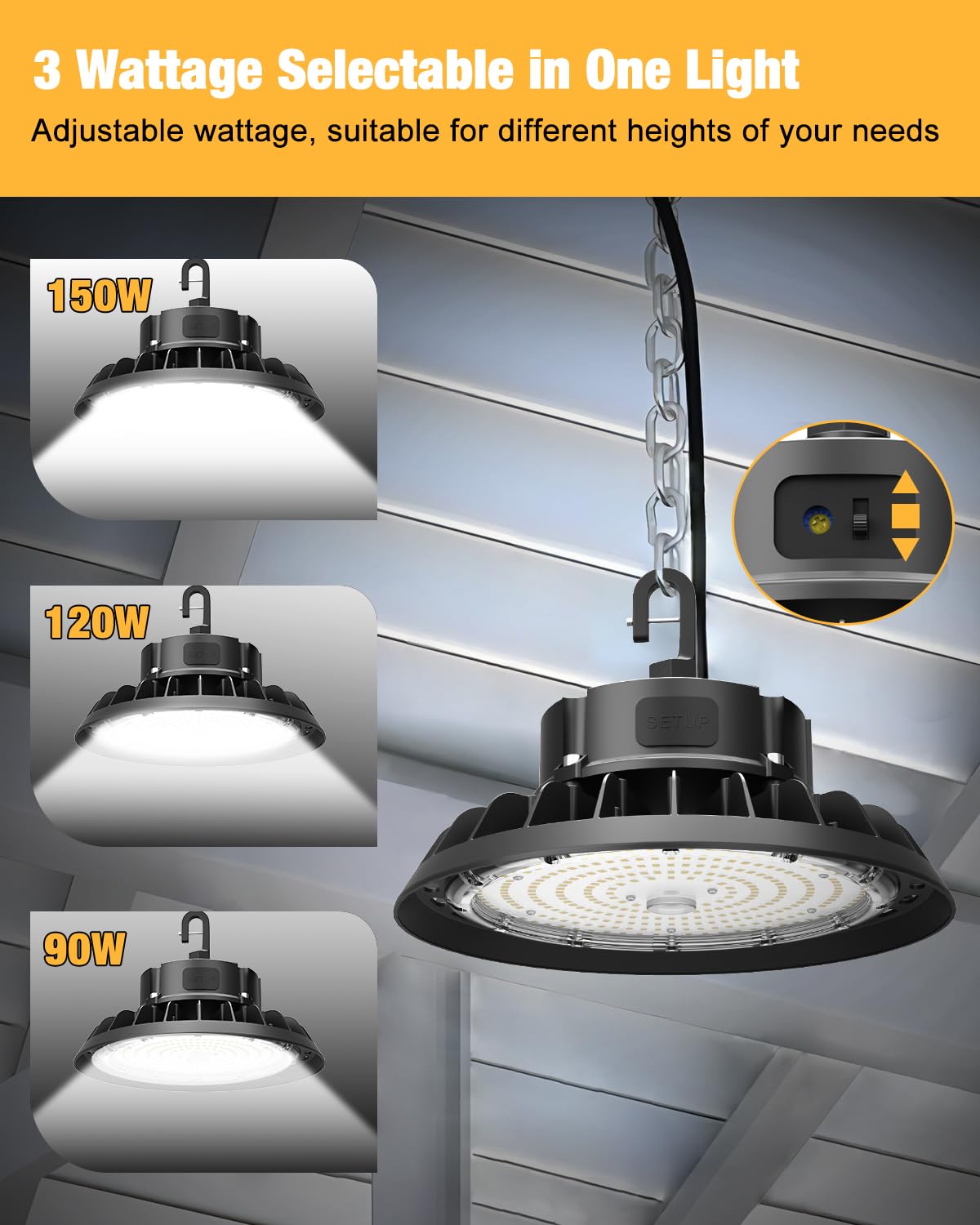 Ufo Led High Bay Light 150W, 22,500Lm 0-10V Dimmable, 5' Cable With Us Plug, Hanging Hook, Safe Rope, Etl Listed Shop Lights For