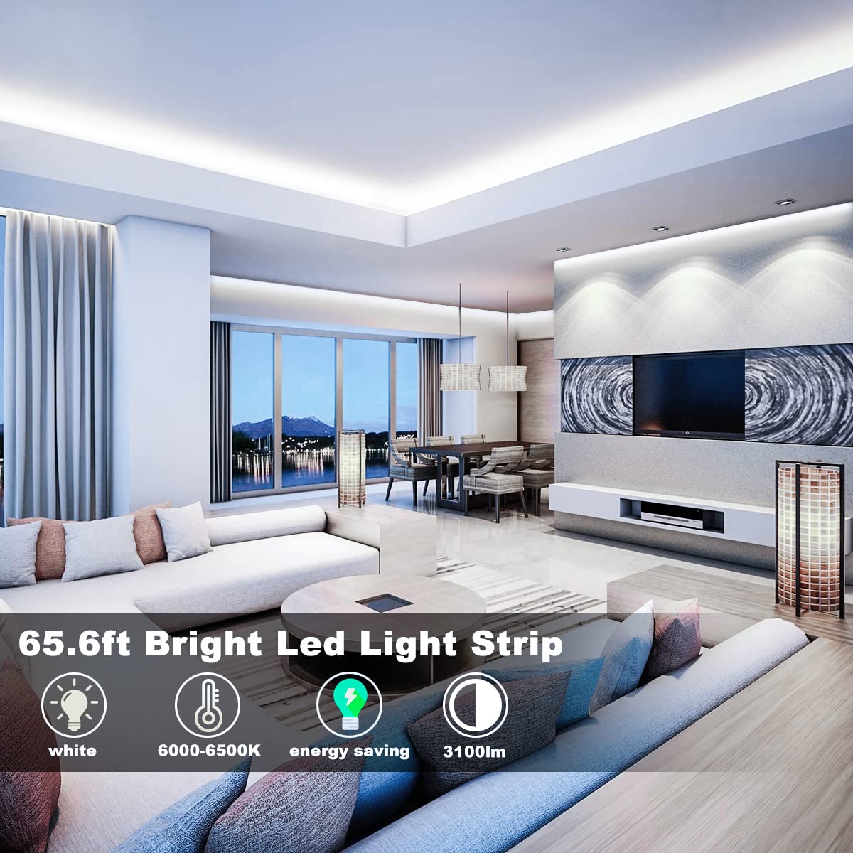 MY BEAUTY LIGHT LED Strip Lights, 65.6ft Dimmable White 6500K, RF Remote, Adhesive for Living Room, Bedroom, Kitchen