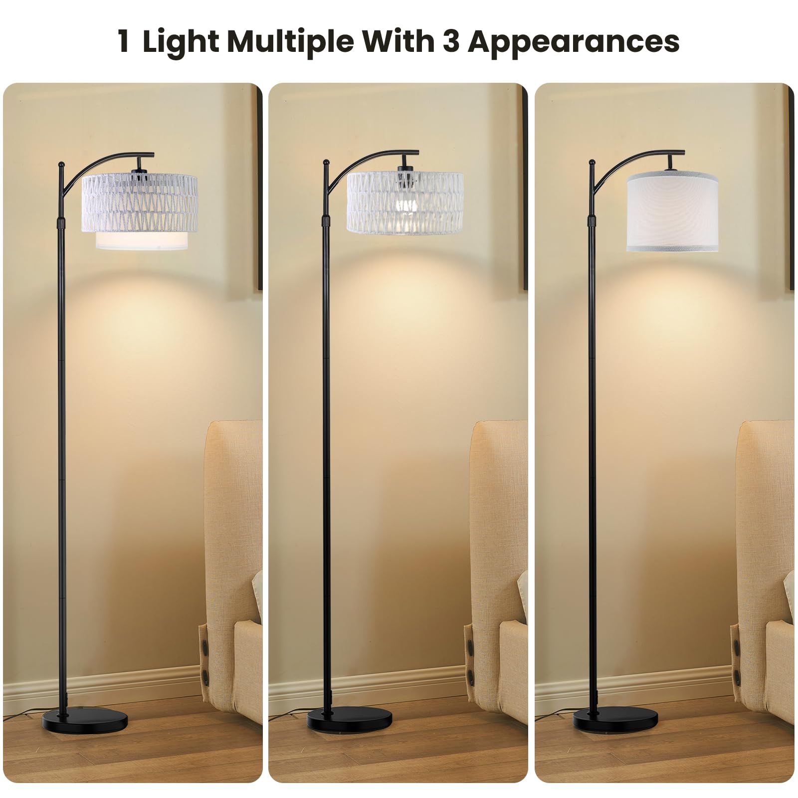 Yusist Arc Floor Lamp For Living Room,Farmhouse Floor Lamps With Remote Control & Dimmable Bulb,White Rattan Boho Tall Standing