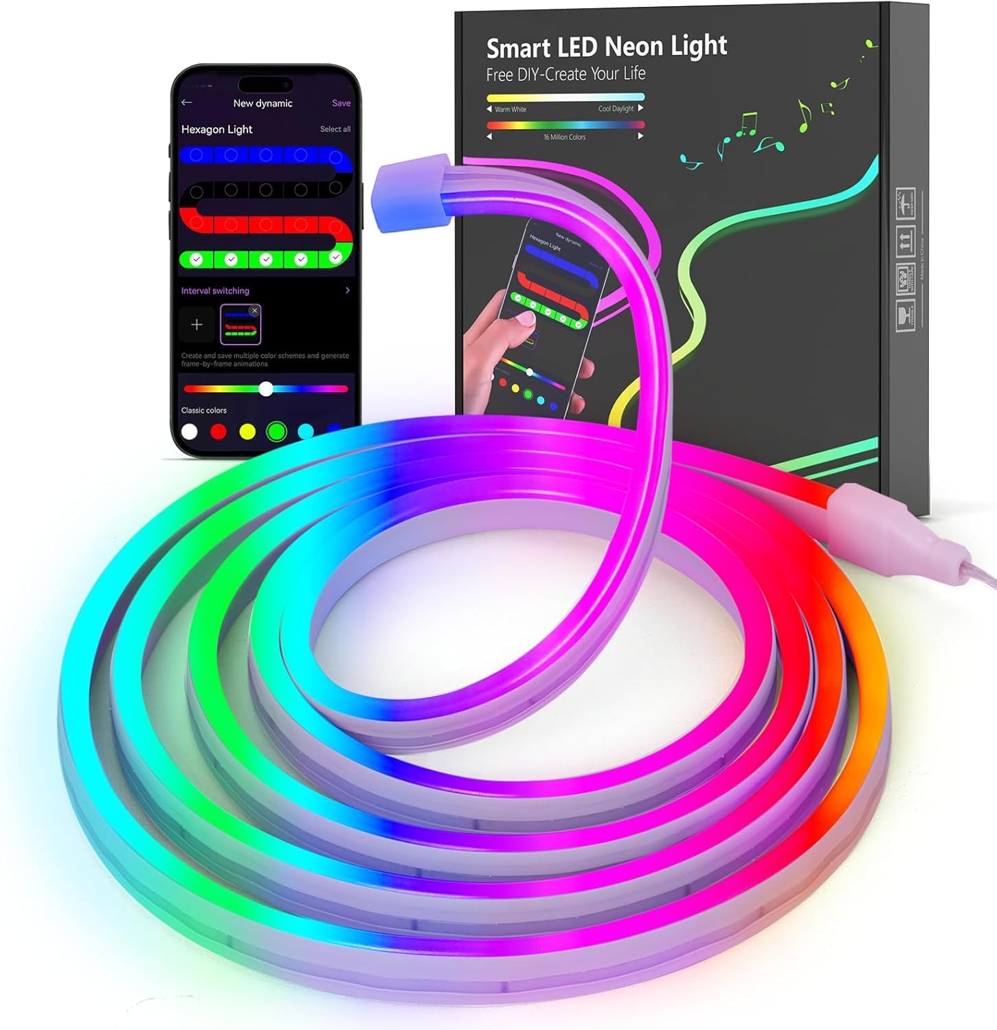 JIMIMORO Neon Rope Lights - 6.4ft RGB LED Strip with App Control, Music Sync, Flexible DIY Design, 5V Neon Lights for Bedroom, L