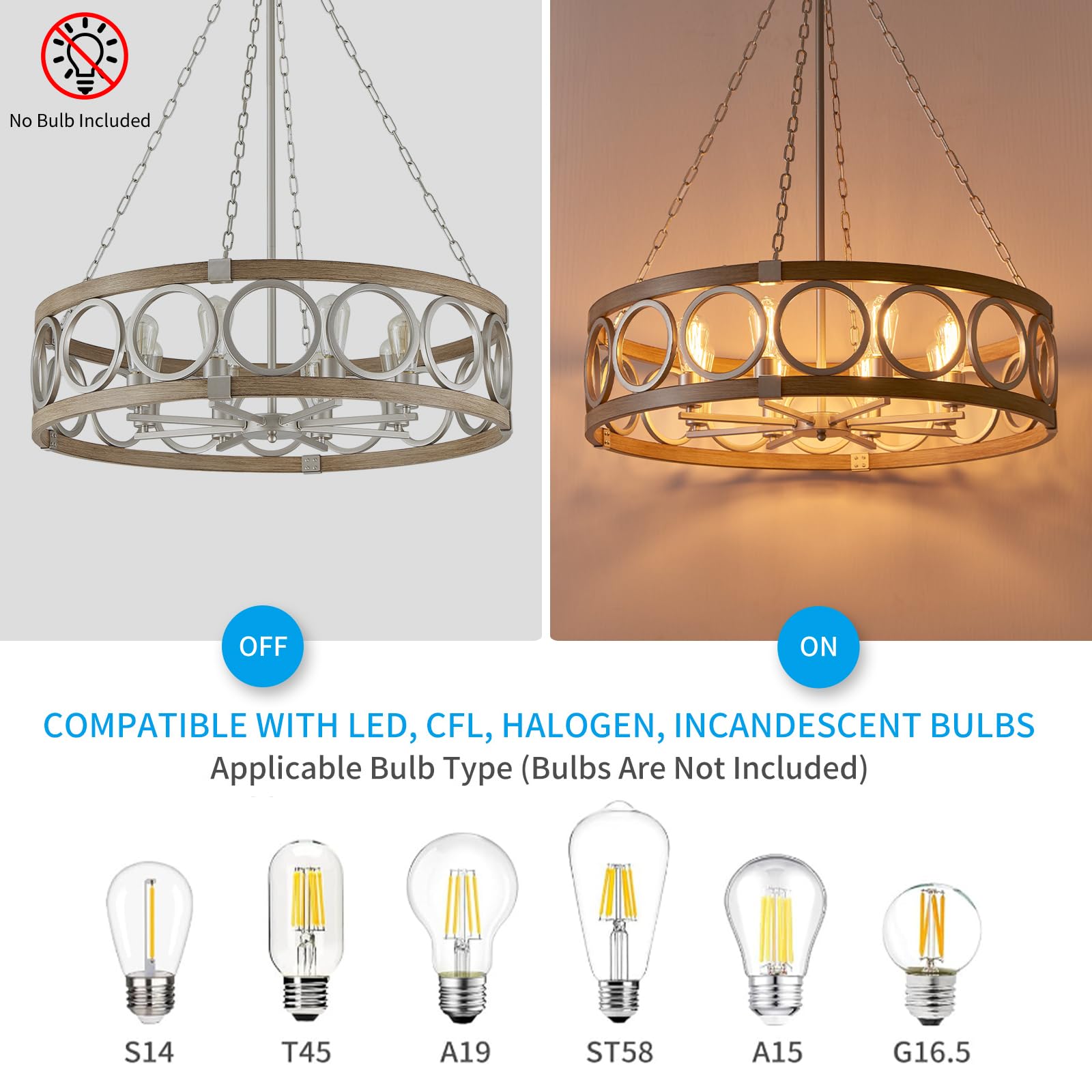 Xingqi 8-Light Modern Chandelier Large Round Drum Chandeliers For Dining Room 32.3" Rustic Pendant Brushed Nickel Light Fixture Over Table Farmhouse Metal Wood Grain Finish