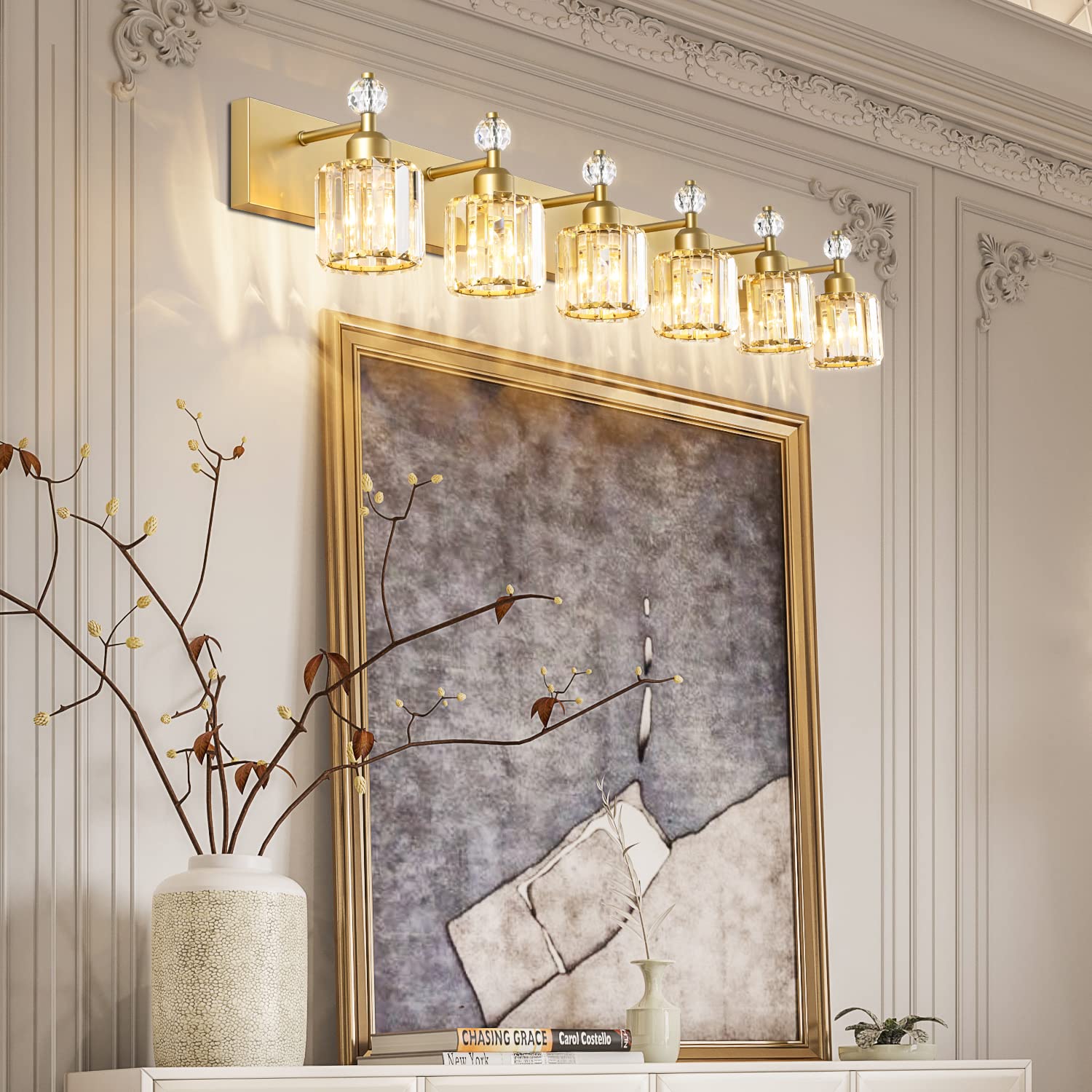 PRESDE Modern Crystal Vanity Light Fixture - 5 Light Bathroom Wall Light - Gold Finish, Stainless Steel with Metal