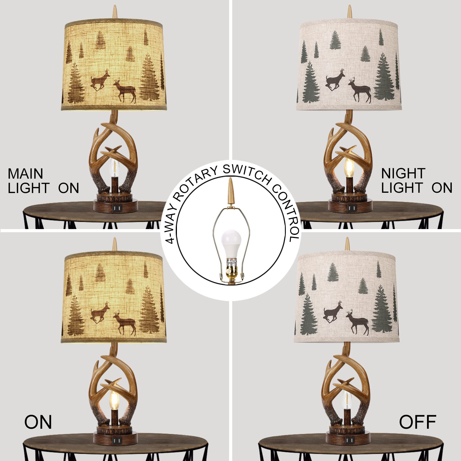 Scenekoy Rustic Farmhouse Antlers Table Lamp Set Of 2 With Nightlight Dual Usb Ports Linen Fabric Round Shade Bedside Lamp Decor For Living Room Bedroom Office House