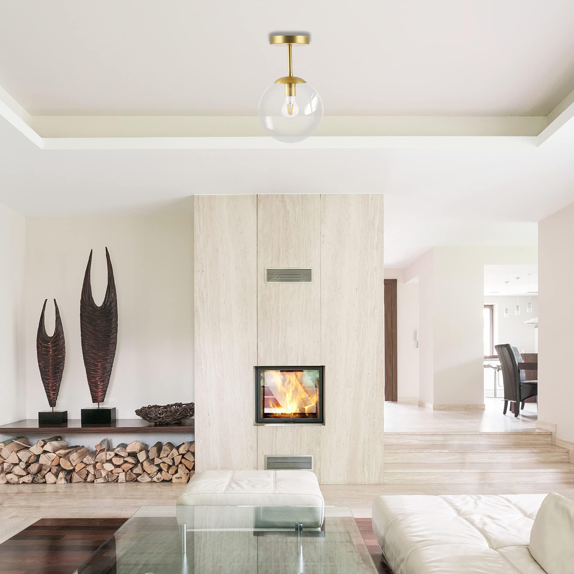 Gold Semi Flush Mount Ceiling Light Globe Ceiling Light Brass Finish With Clear Glass Shade, Contemporary Mid Century Modern Sty