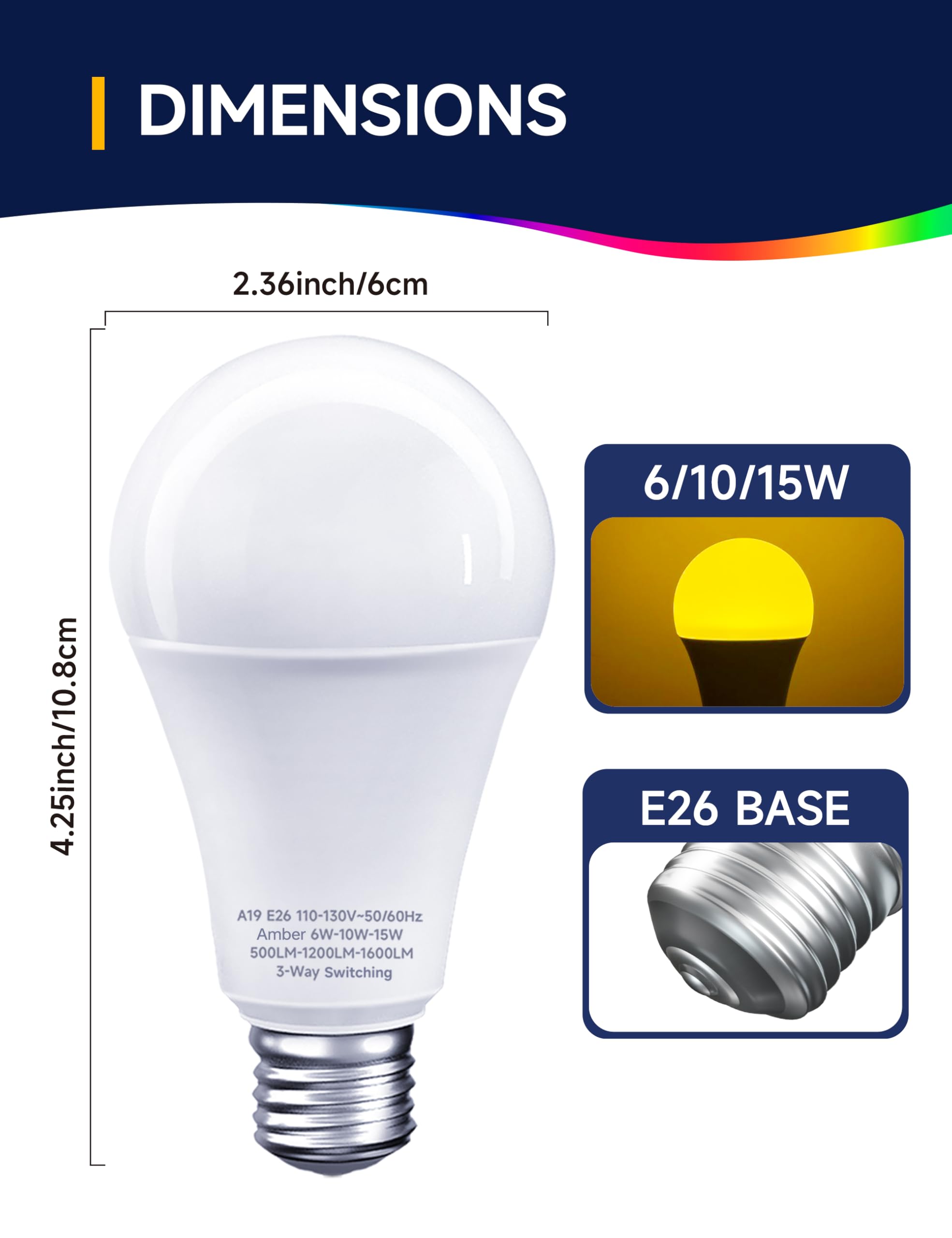 UNILAMP A19 Three Way LED Light Bulbs, 30/70/100W Equivalent, Amber, E26 Base, 2000K, 2 Pack