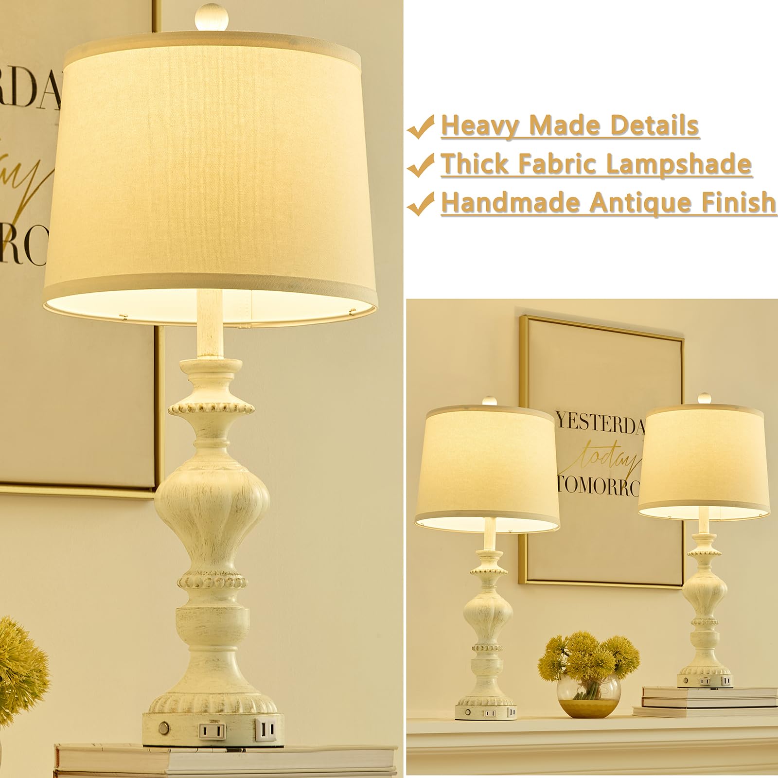 SAIWEYA 27.5" Farmhouse Table Lamps Set of 2 - 3 Way Dimmable Touch, USB C+A Ports & AC Outlet, White Gold