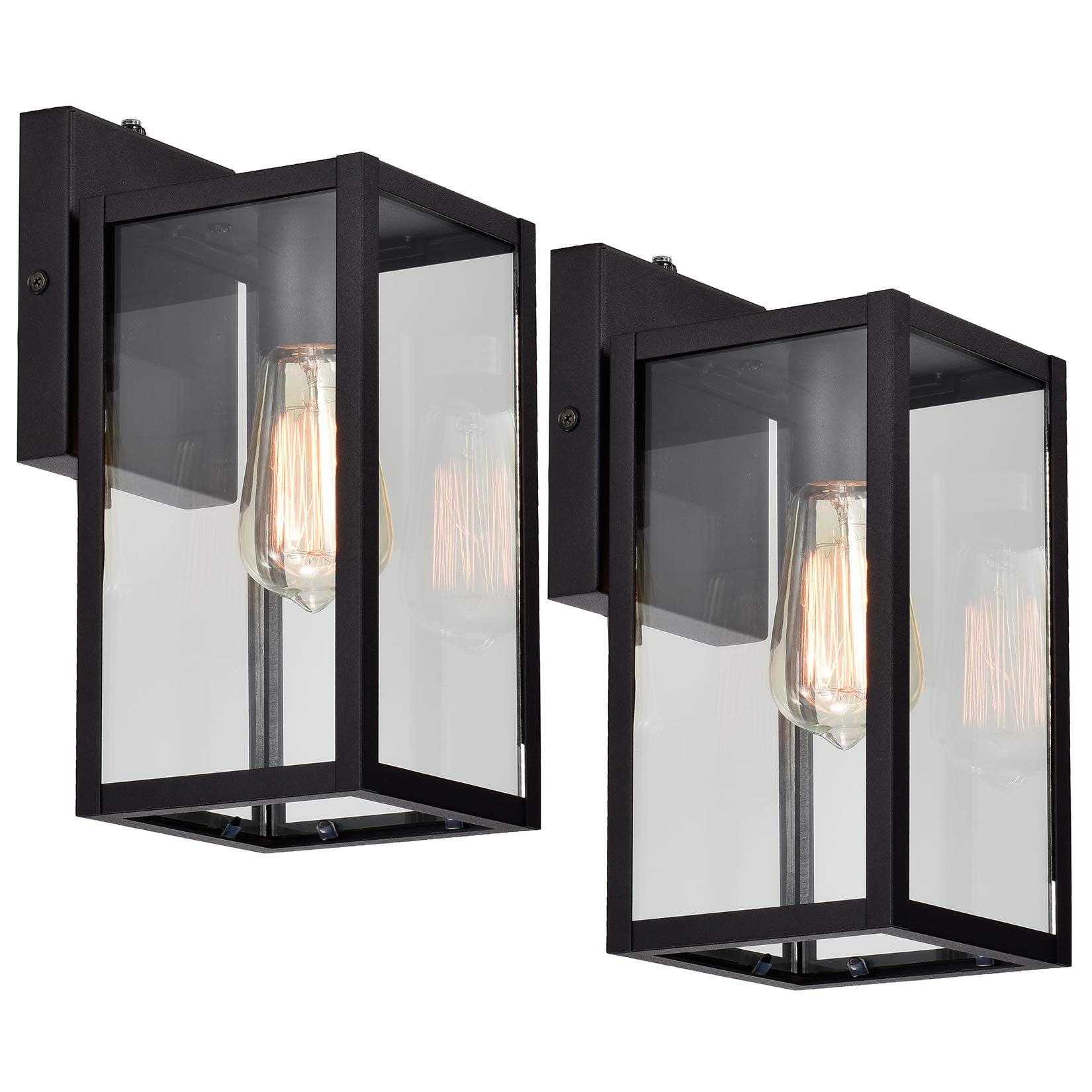 MICSIU Outdoor Wall Lantern - 11 Inch Matte Black, Clear Glass, 2 Pack, Dusk to Dawn Lighting for Porch, Garage, Pathway, Model 20002