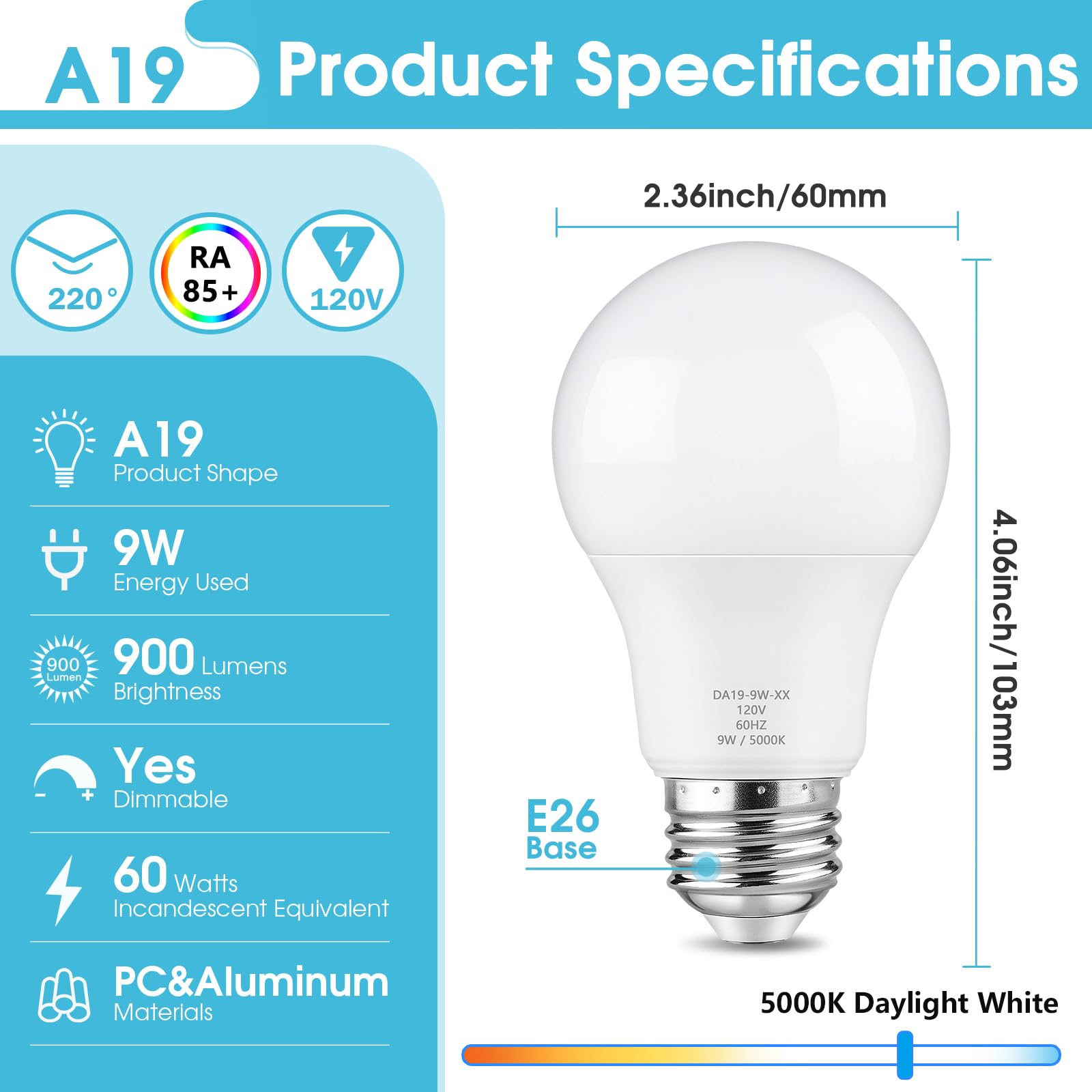 Maylaywood A19 Led Light Bulb Dimmable, 60 Watt Equivalent Led Bulbs, Daylight White 5000K, 900 Lumen, E26 Base, 9W Bright White