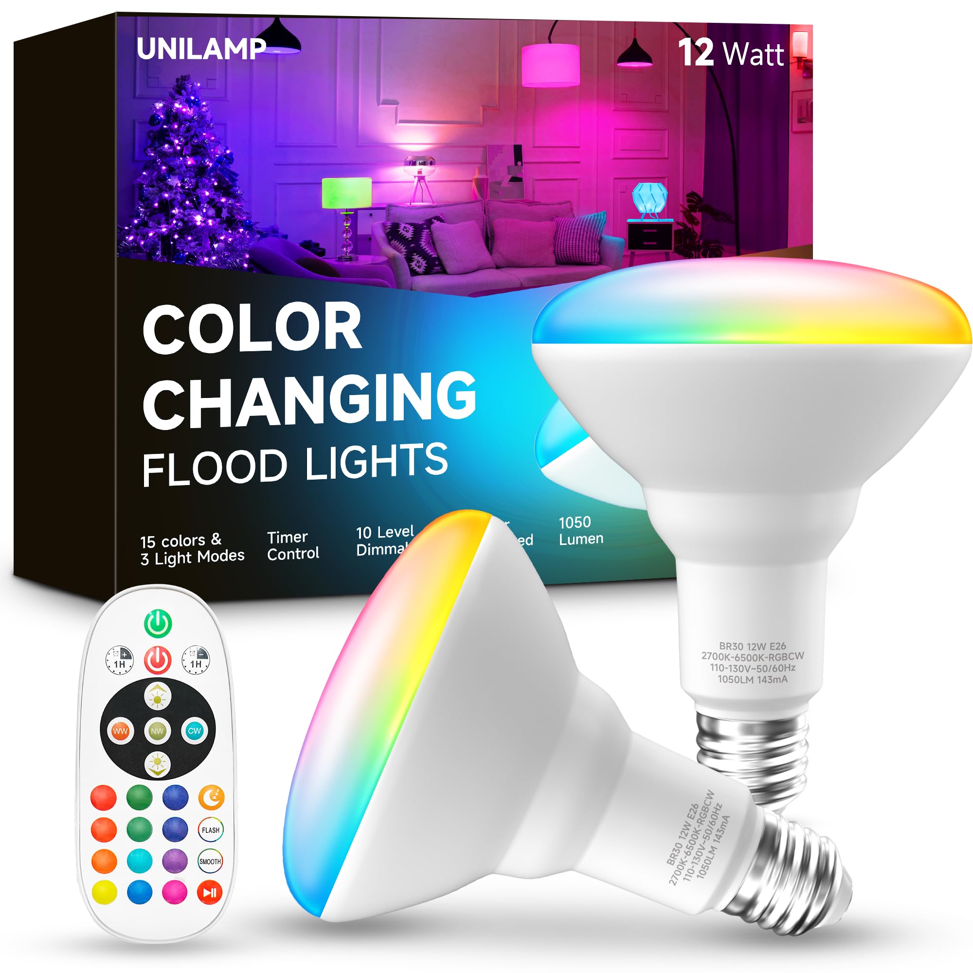 Unilamp Br30 Color Changing Light Bulb, Led Flood Lights 12W Dimmable, 100W Equivalent, Rgb+2700K+4000K+6500K, Remote Control, 1
