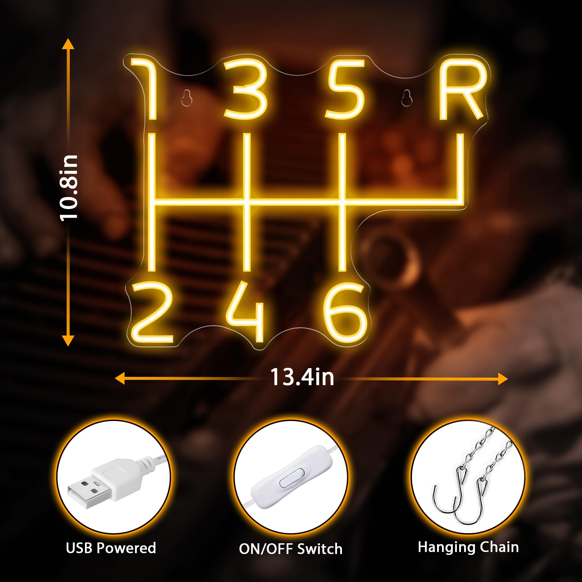 Kavaas Neon Garage Sign - LED Manual Transmission Lever, Gold Yellow, ABS Material, Ideal for Car Room Decor and Gifts for Car Enthusiasts