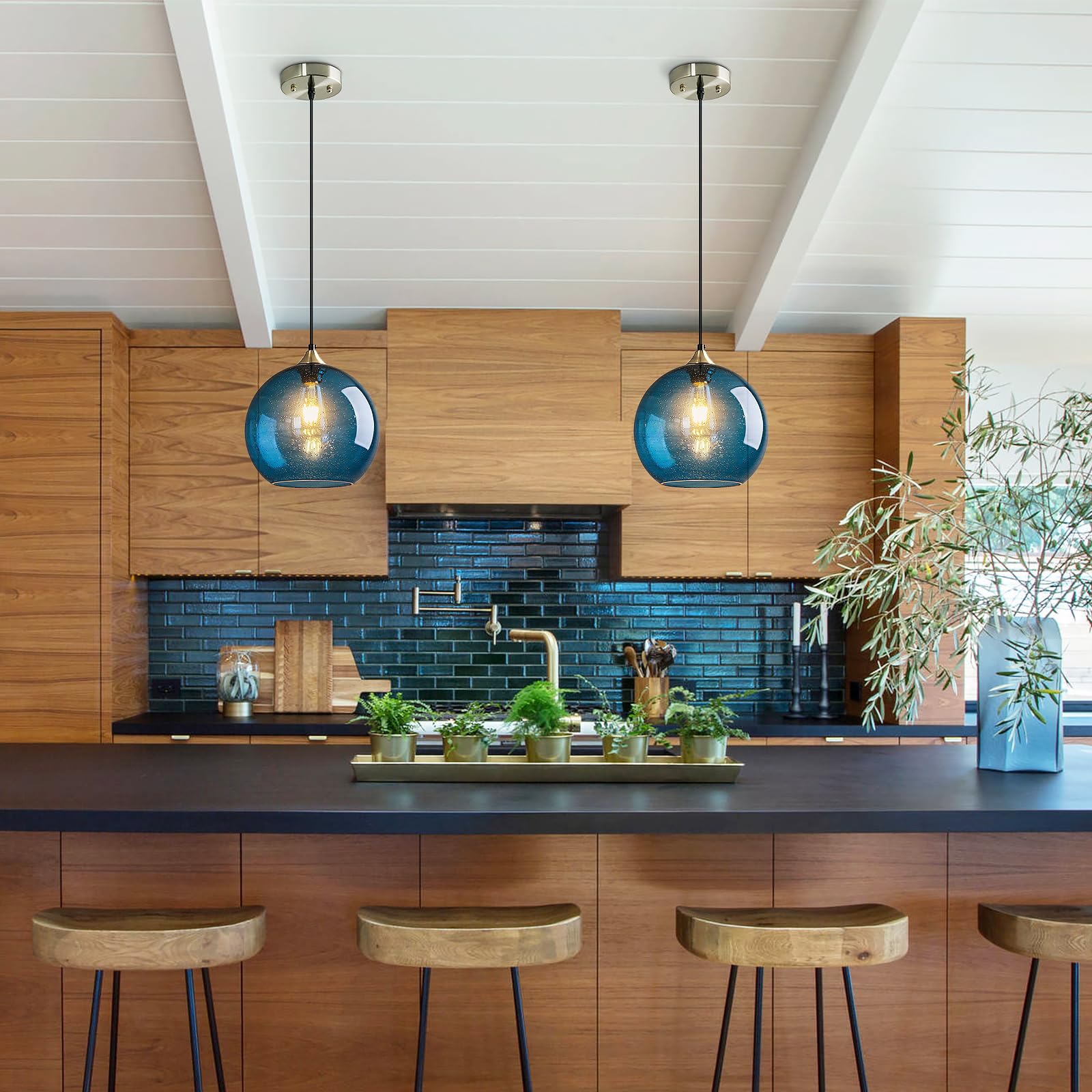 Lbsqj Blue Glass Pendant Lights Kitchen Island Lighting Globe Pendant Light Fixtures Modern Pendant Lighting For Kitchen Island Bedroom Living Dining Room Light Fixture(9.84In  3-Pack)
