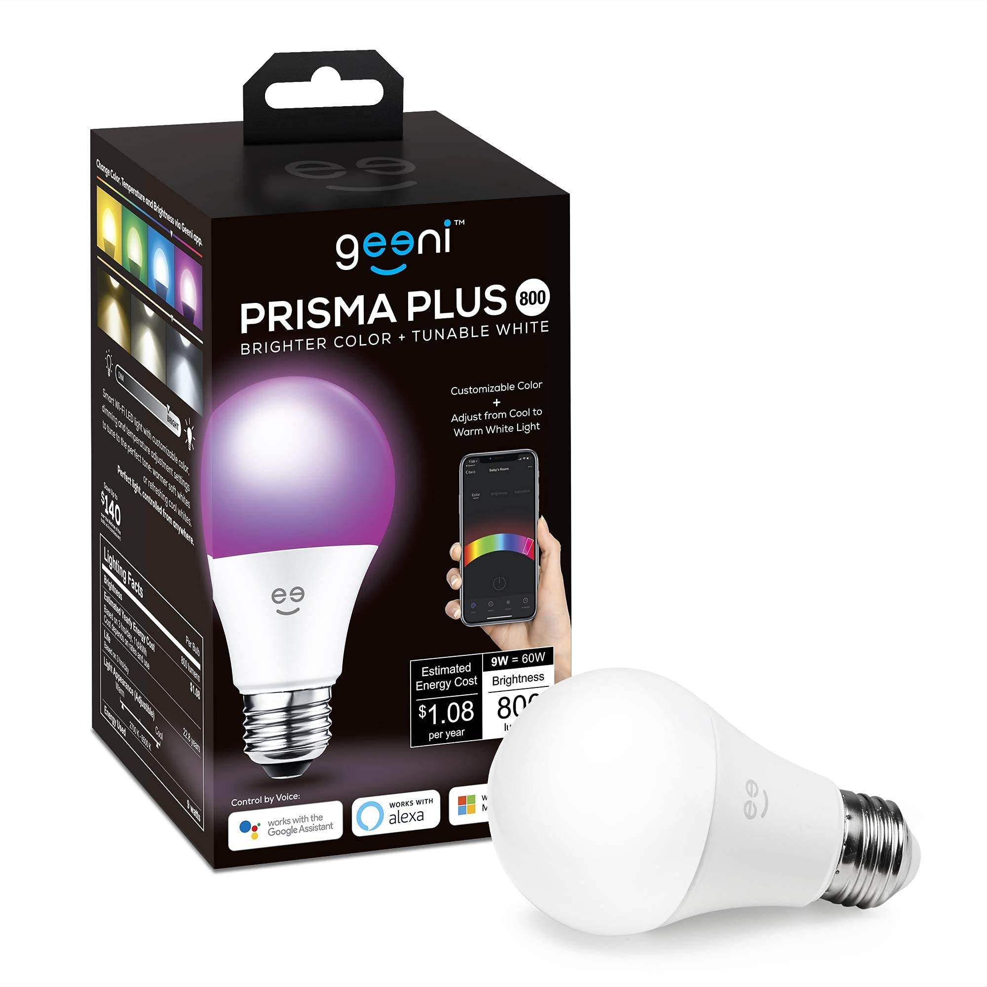 Geeni Prisma Plus 800 WiFi LED Smart Light Bulb, Brighter Color & Tunable White (2700-6500K), 1-Pack, A19 60W, No Hub Required, 
