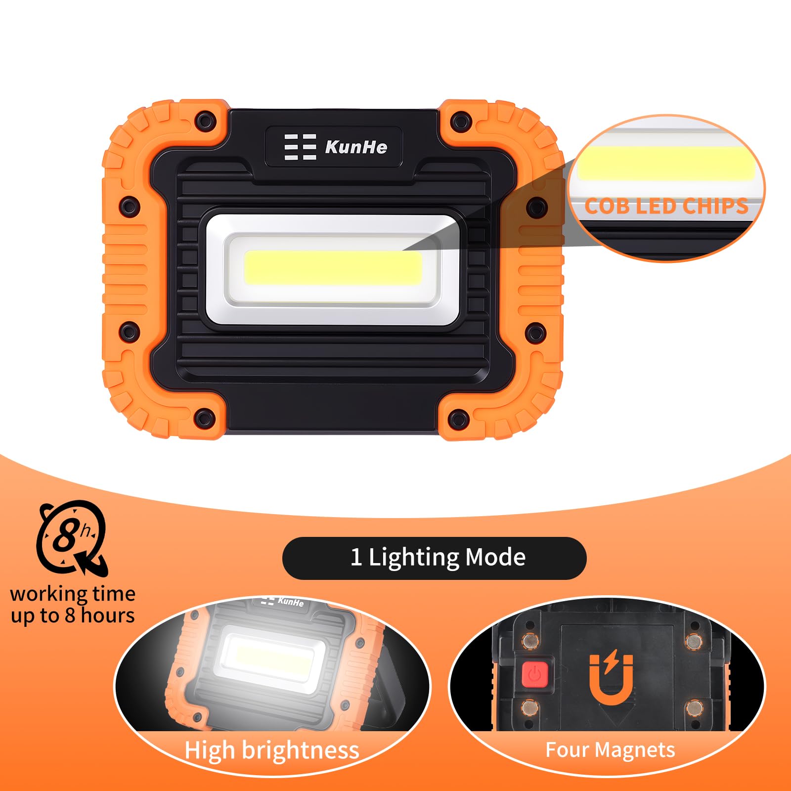 KunHe 500 Lumen Battery Powered Magnetic Work Light, IPX4 Waterproof, 180° Rotating Bracket, 4 Pack, Black and Orange, Model W8-4