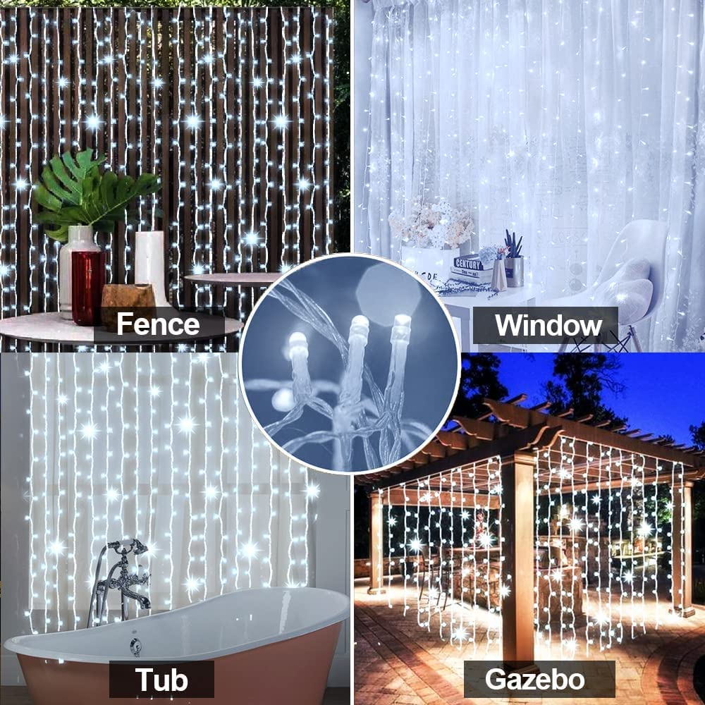 LiyuanQ Solar Curtain Lights, 300 LED, Waterproof, 8 Modes, Remote Control, Cool White, Model LiyuanQ-UPG-300