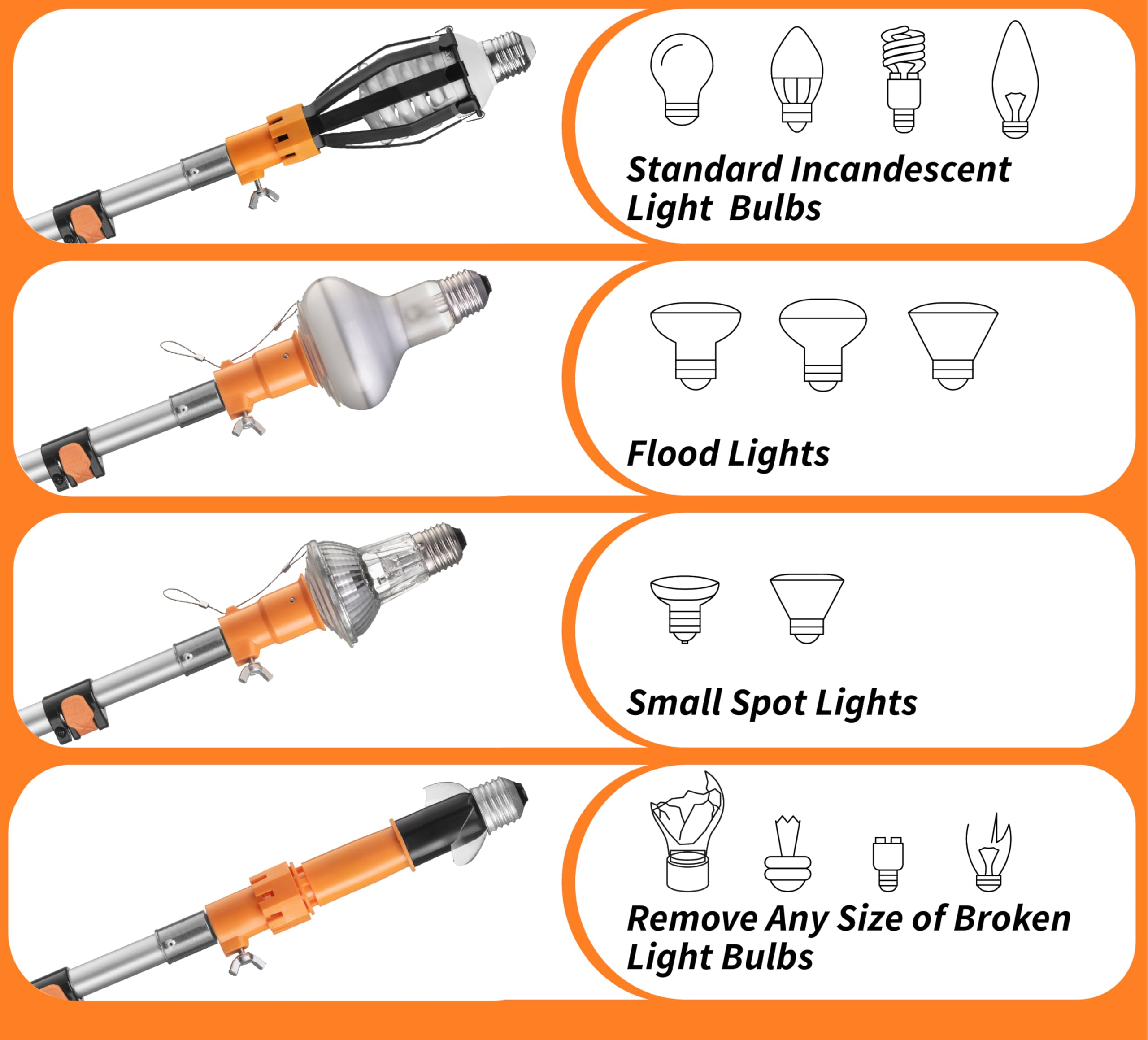 EXTEND-A-REACH 5-24 ft Telescopic Light Bulb Changer Tool - High Reach Remover Kit with Suction Cups, Basket, Microfiber Cloth, Black/Orange