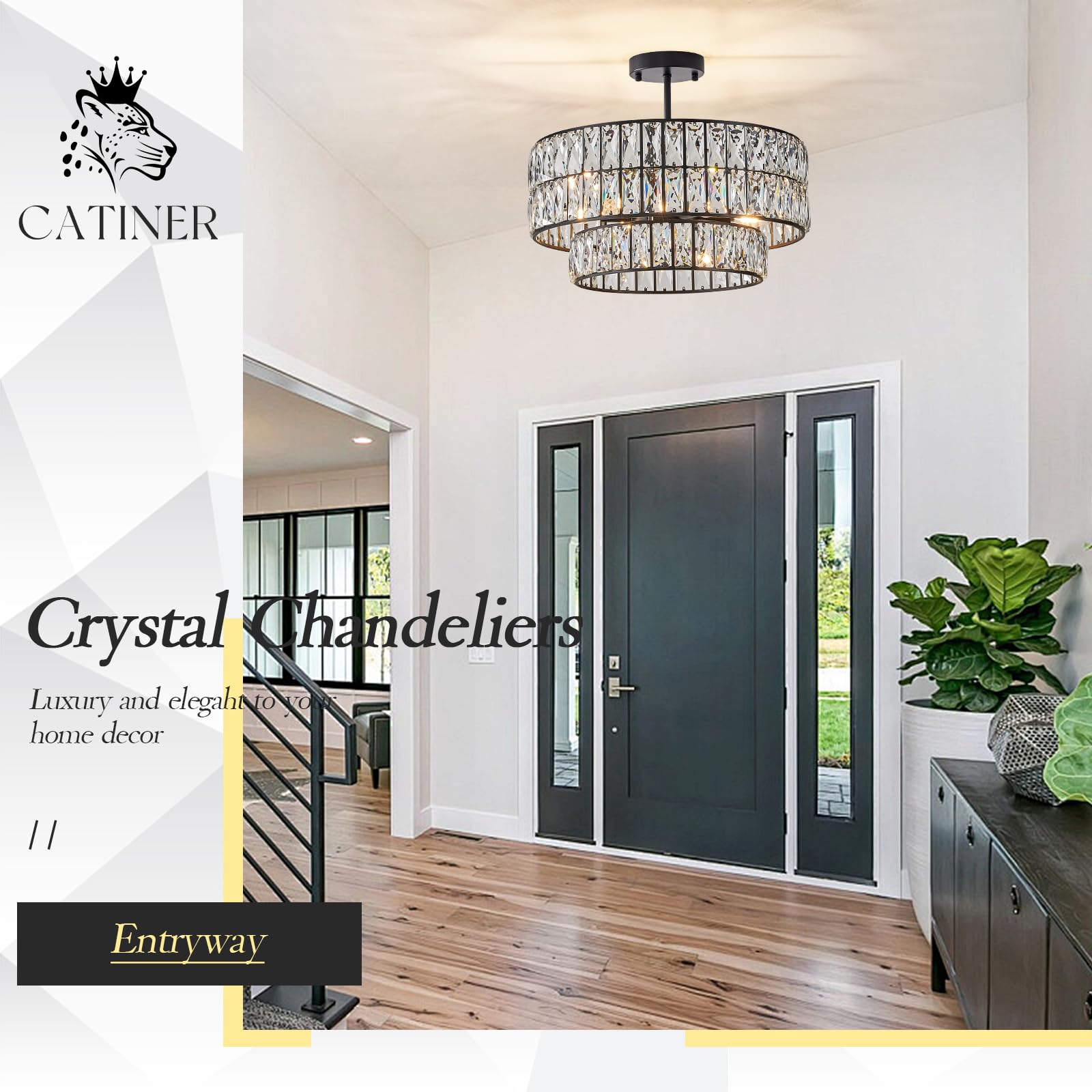 CATINER Black Crystal Chandelier, 6-Lights Luxury Pendant, 20'' Metal Drum Semi Flush Mount for Dining Room, Foyer, Living Room, Kitchen