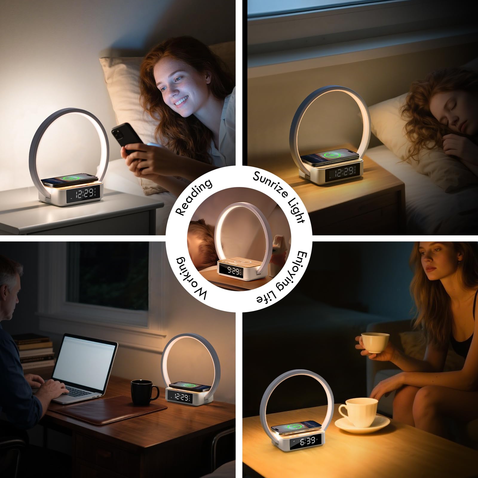 WILIT Bedside Lamp with Alarm Clock & Wireless Charger, 3-Grade Dimmable, Plastic, Model B17, White/Brown